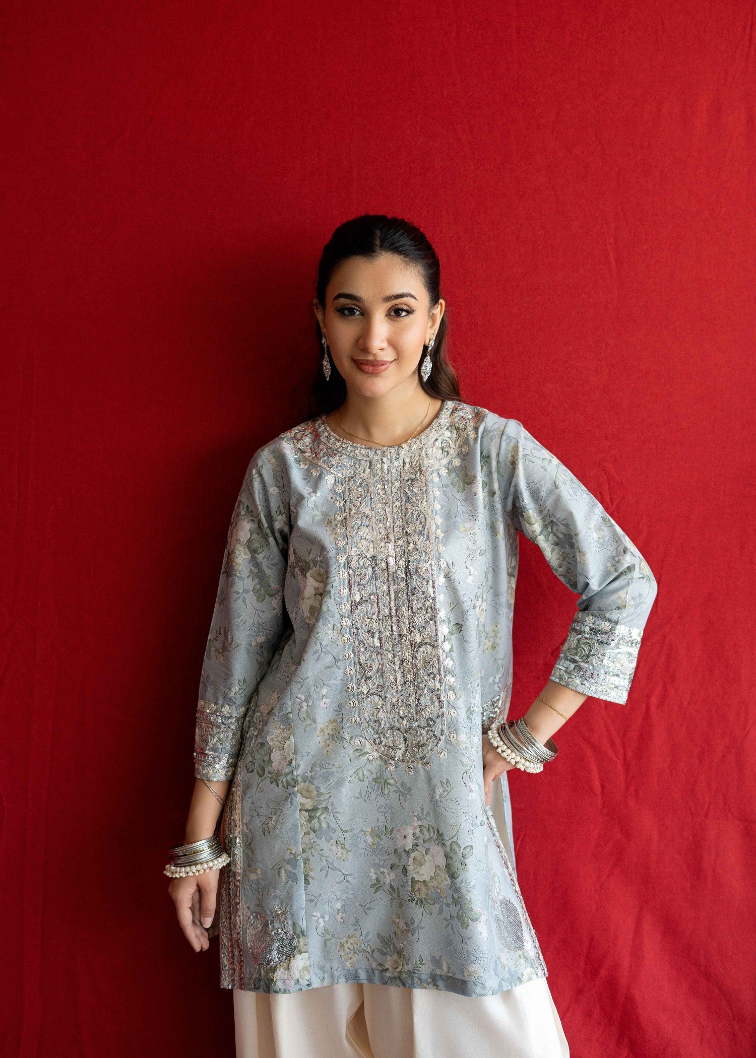 lawn Kurta Set in Off-white, light blue