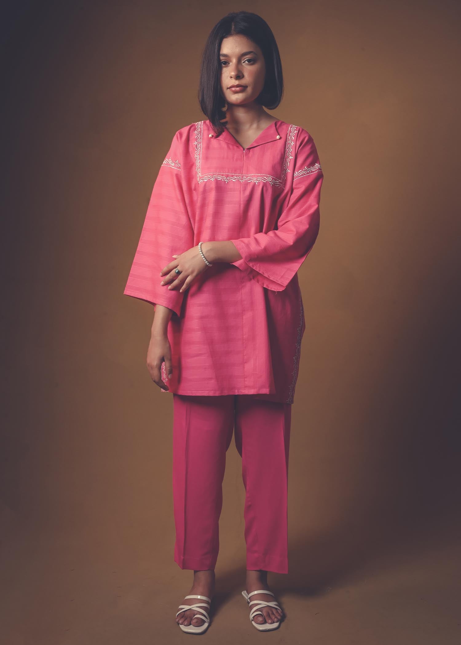 cotton dobby Kurta Set in Shocking pink