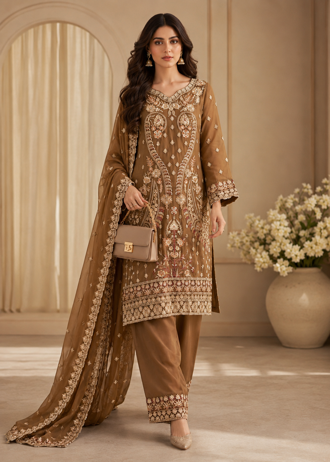 chiffon Kurta Set in Golden brown