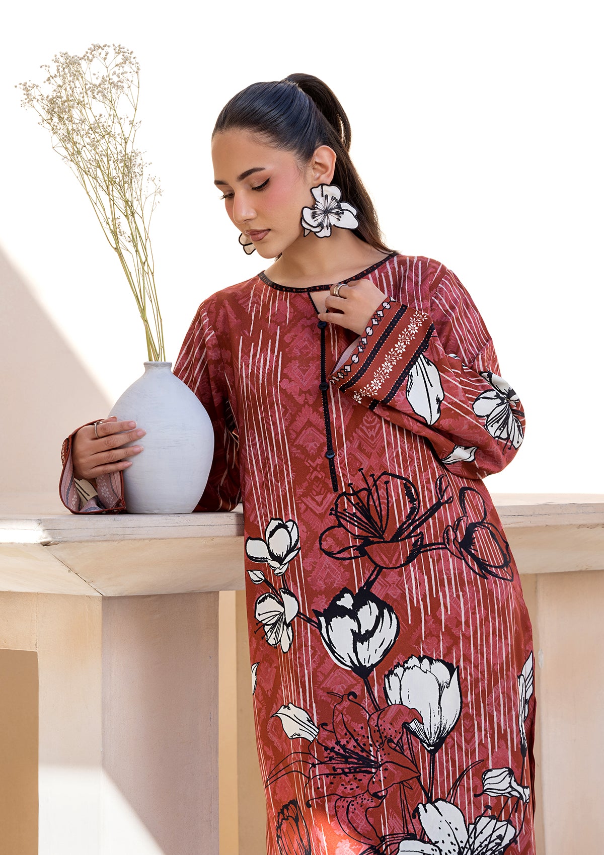 lawn Kurta Set in Rust red