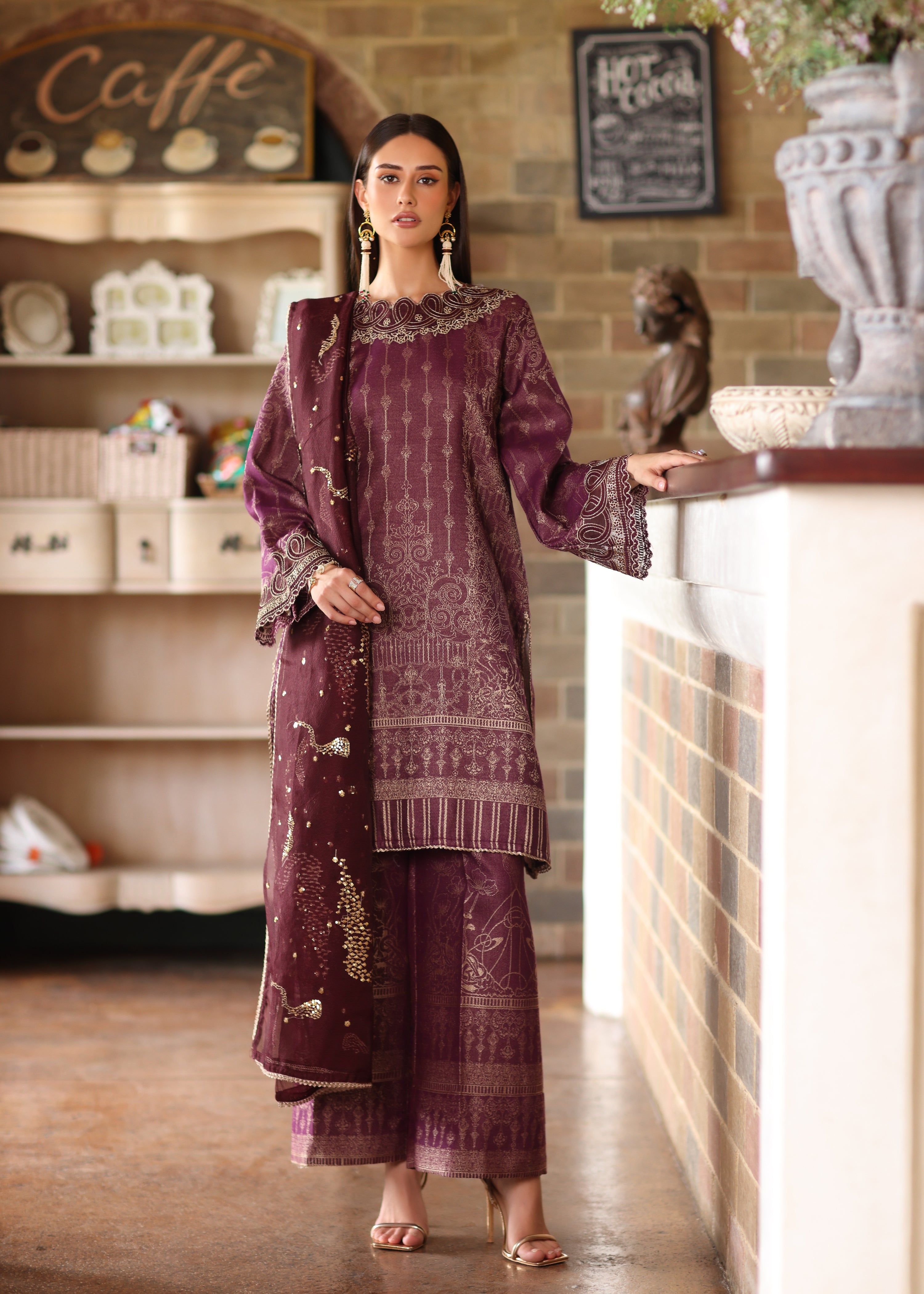 jacquard Kurta Set in Purple