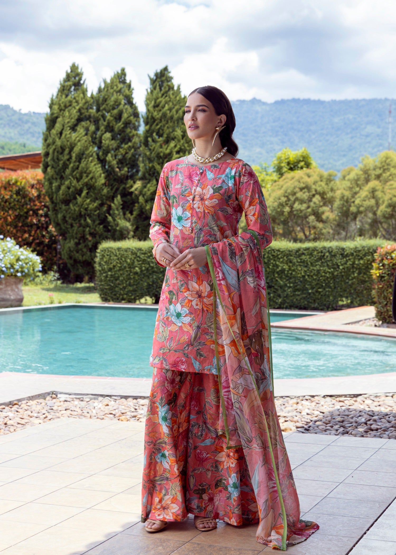 lawn Sharara in Peach pink