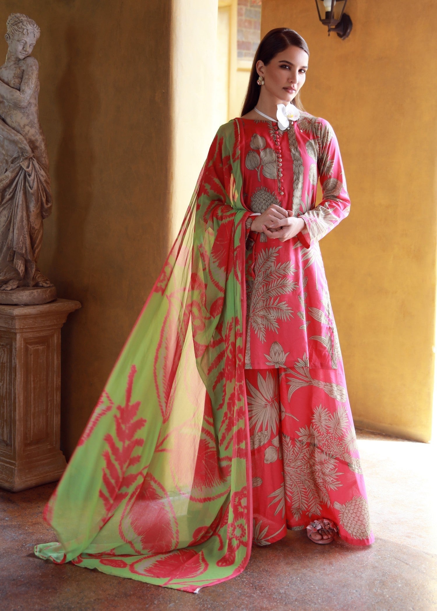 lawn Sharara in Coral pink
