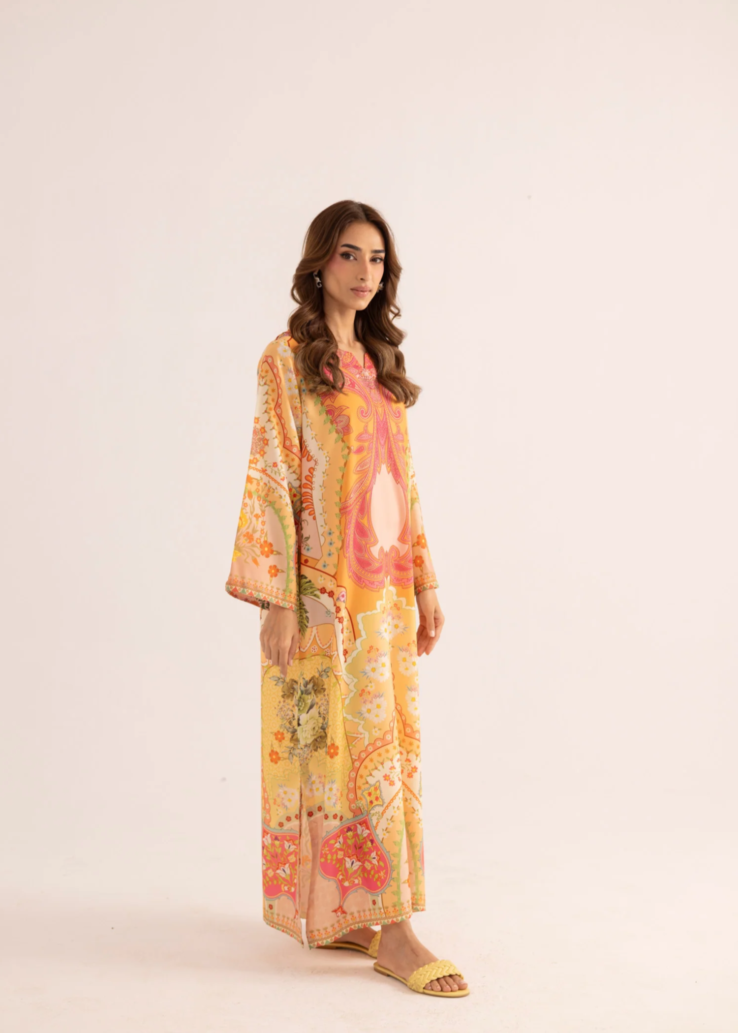 silk finish lawn Kaftan in Honey