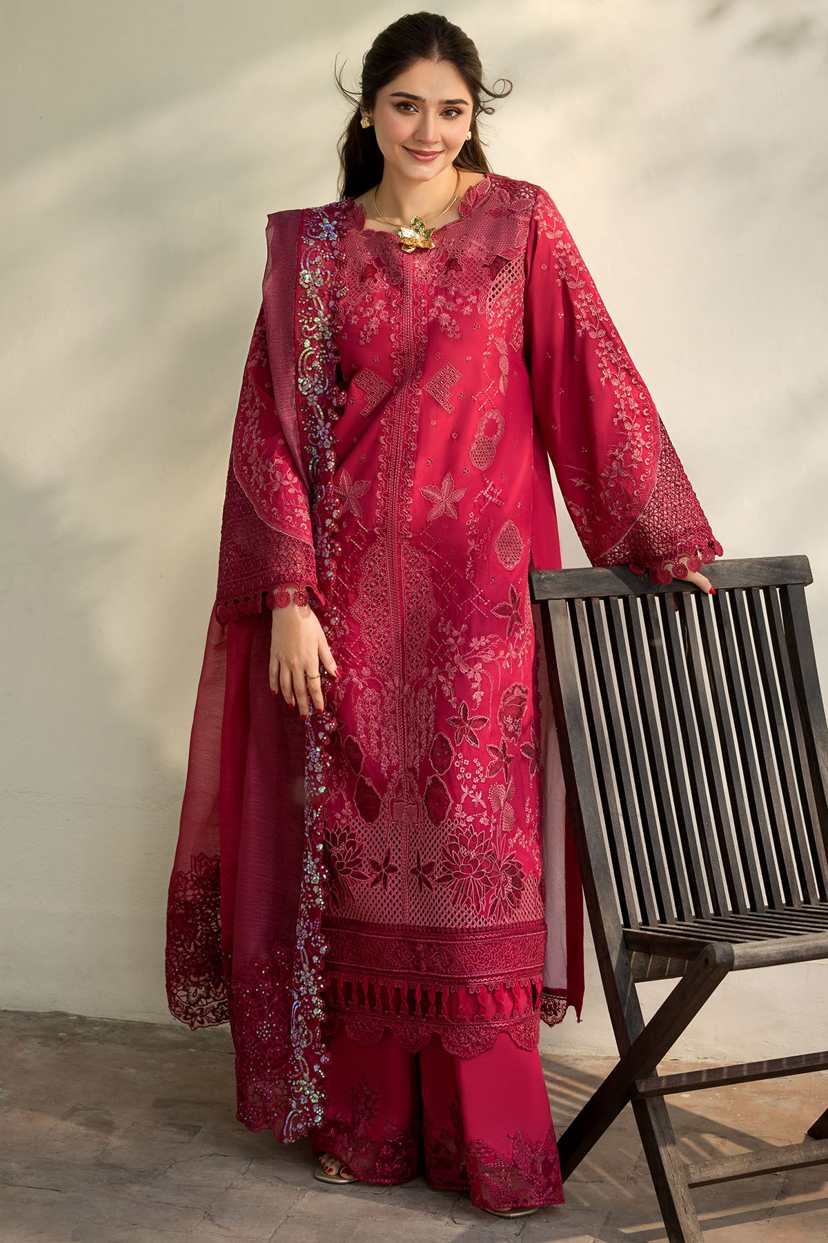 lawn Kurta Set in Hot pink