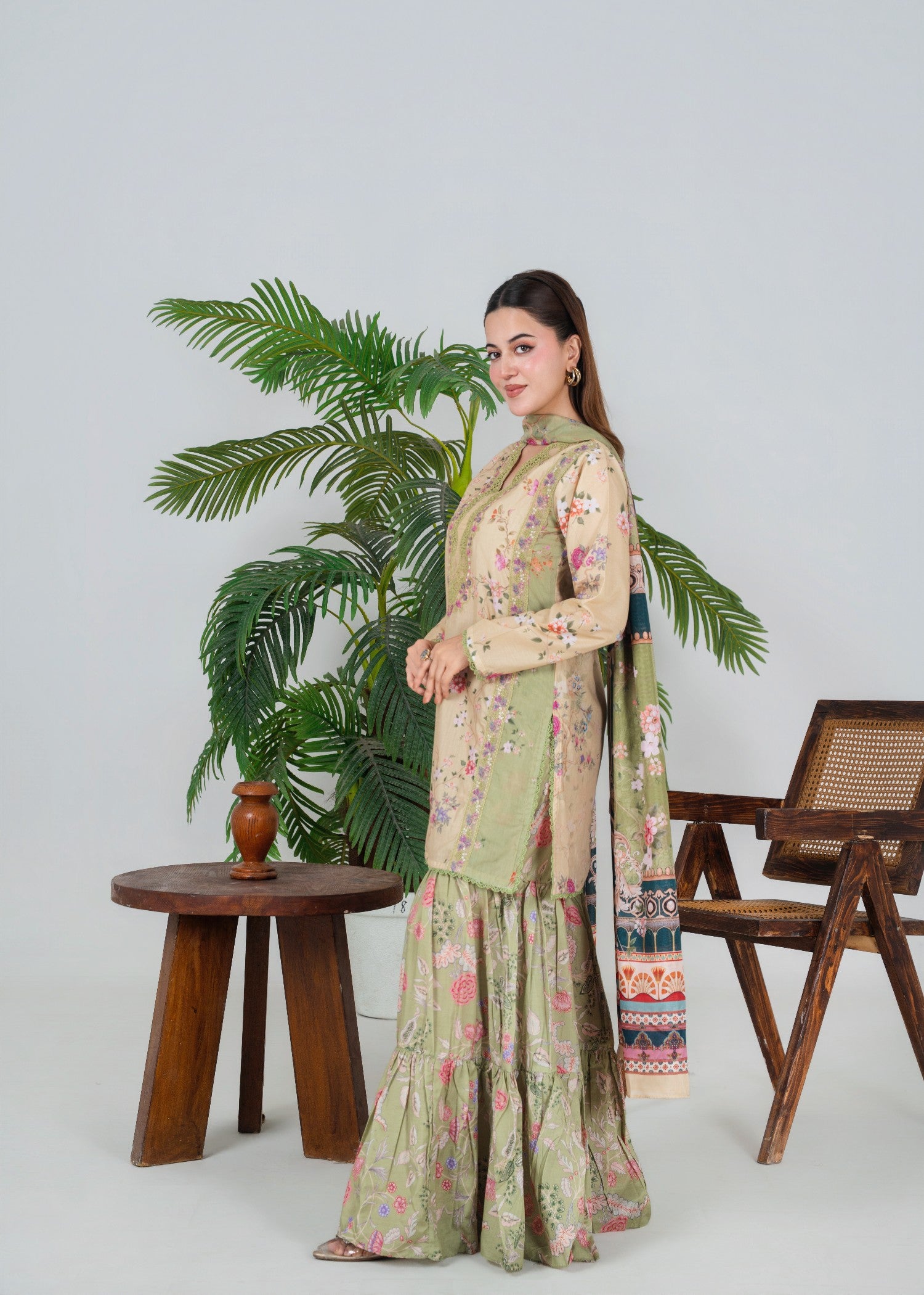 poly lawn Gharara in Green, mellow yellow