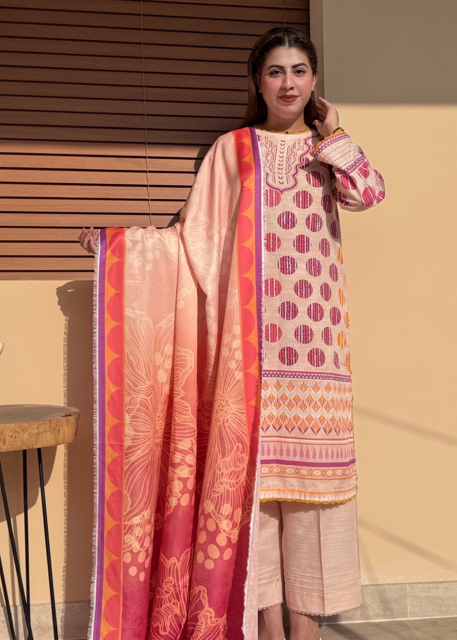 khaddar Kurta Set in Light salmon