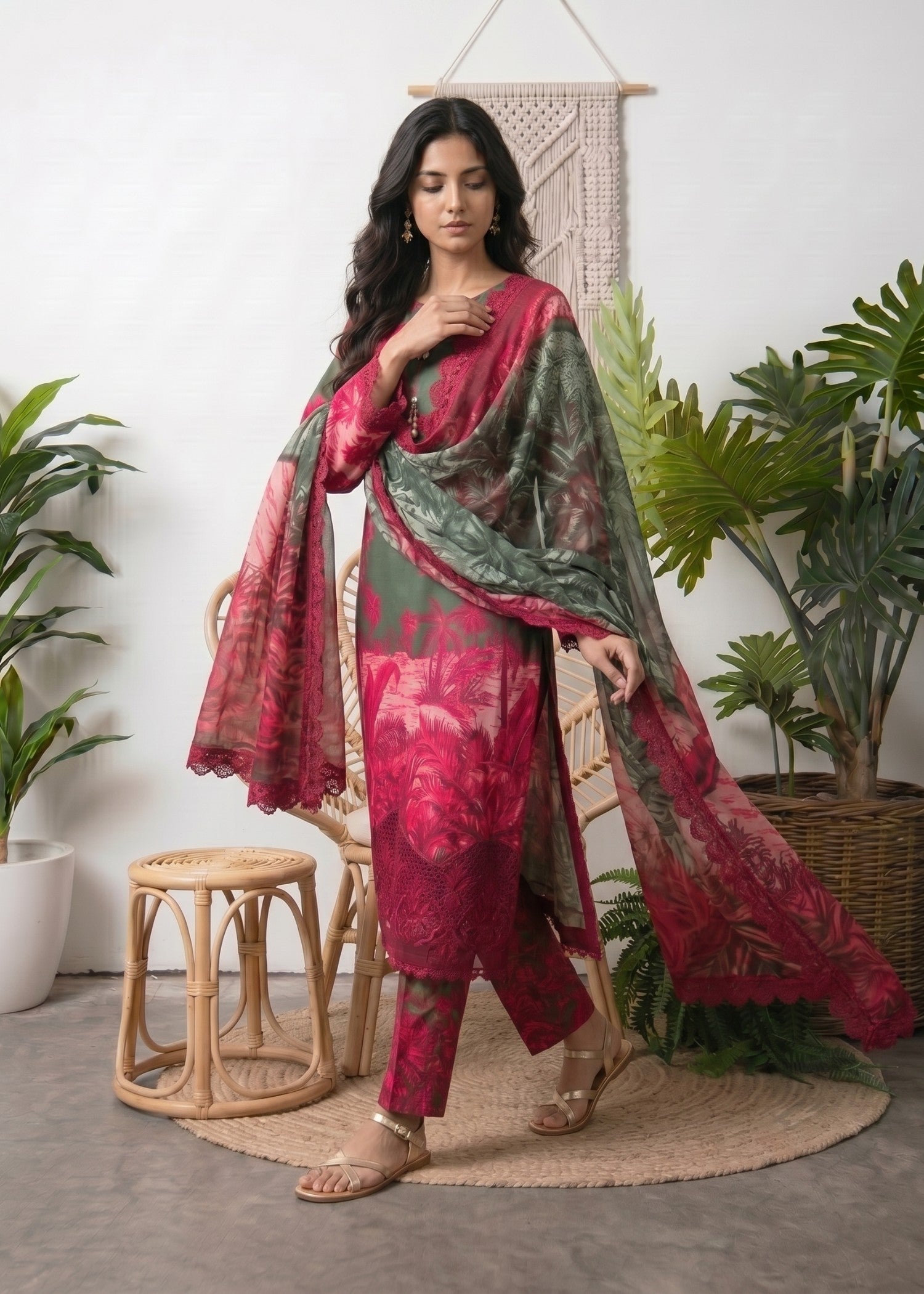 lawn Kurta Set in Green, amaranth