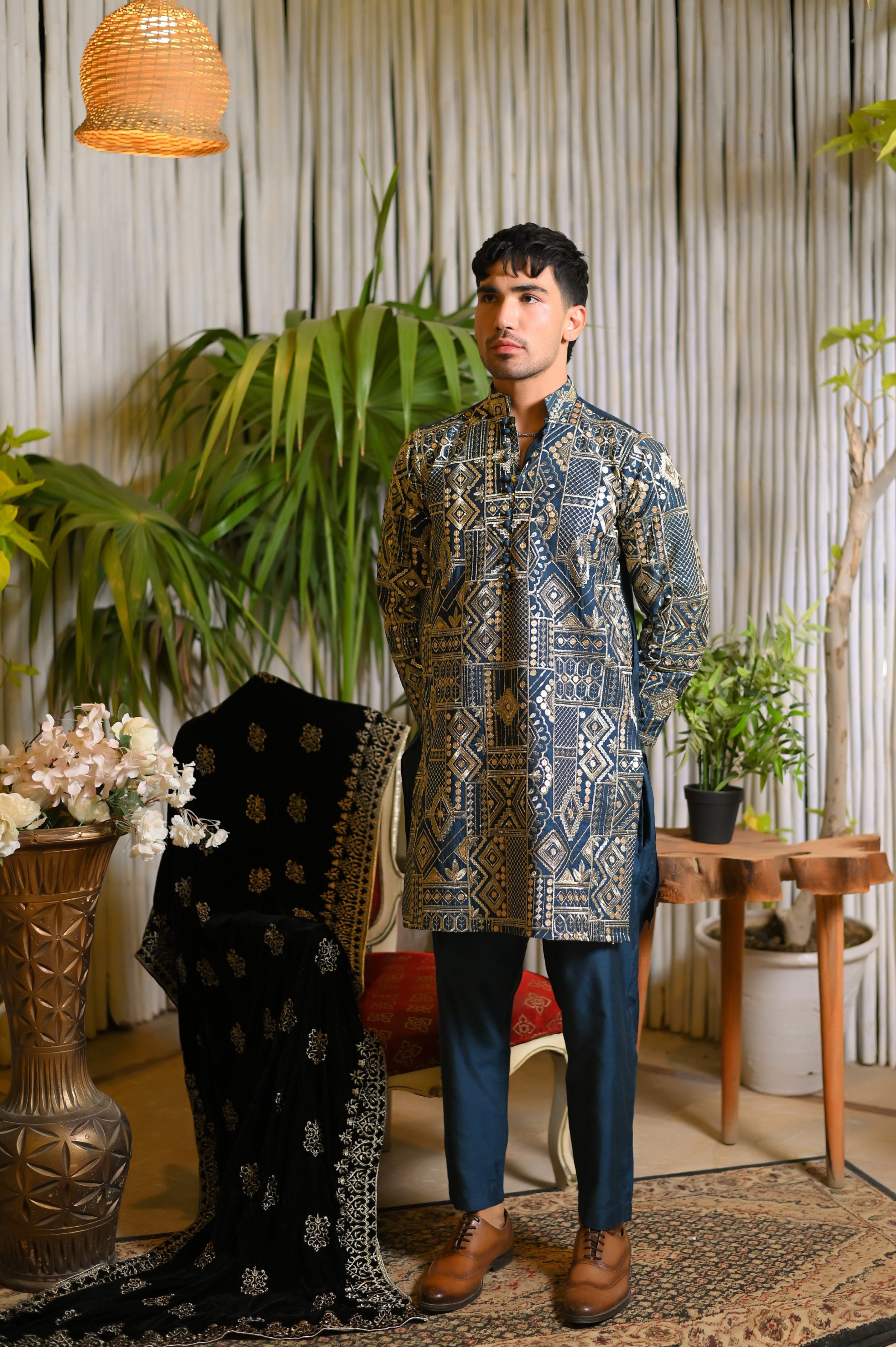 raw silk Kurta Set in Dark blue