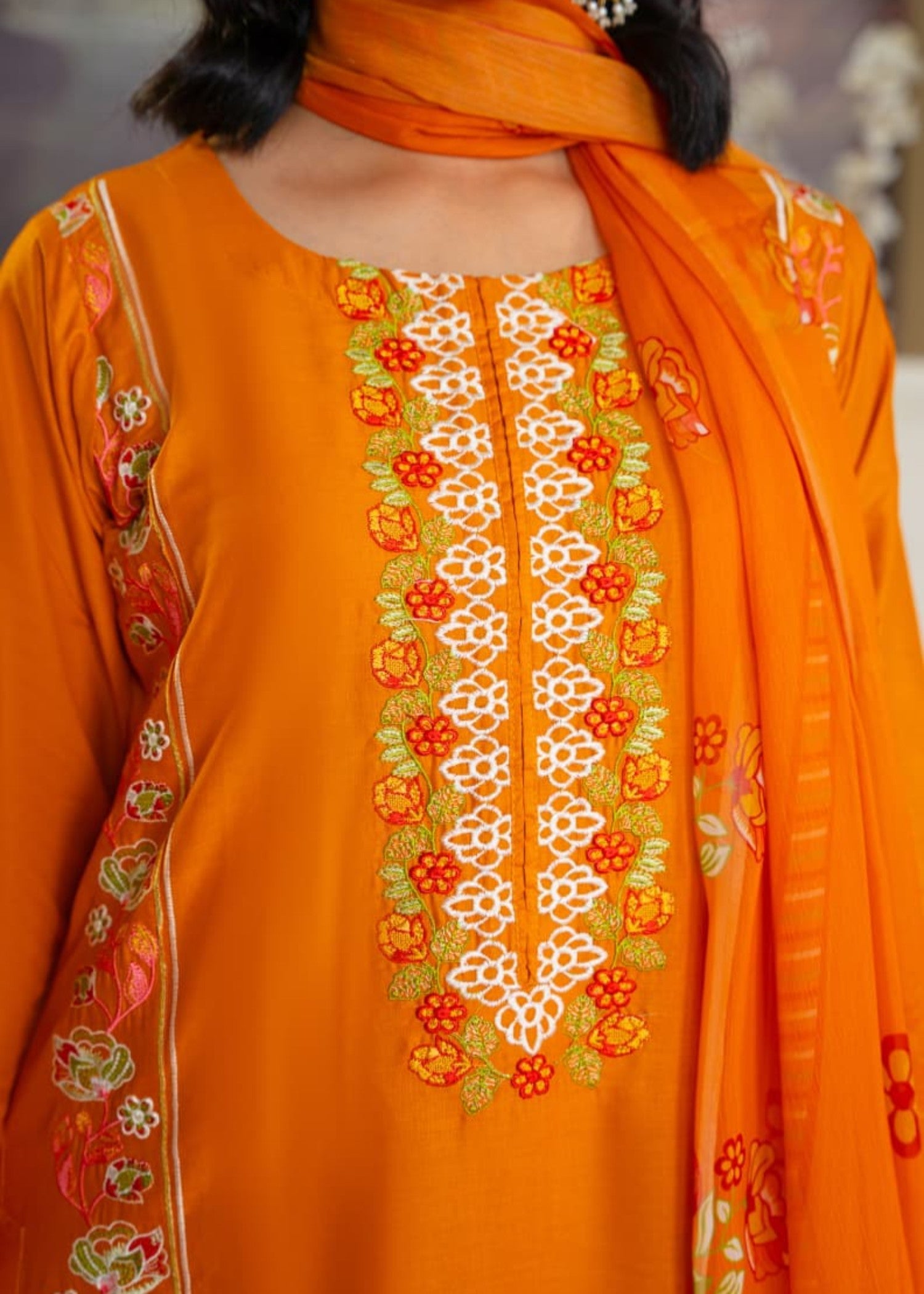 lawn cotton Kurta Set in Tiger orange