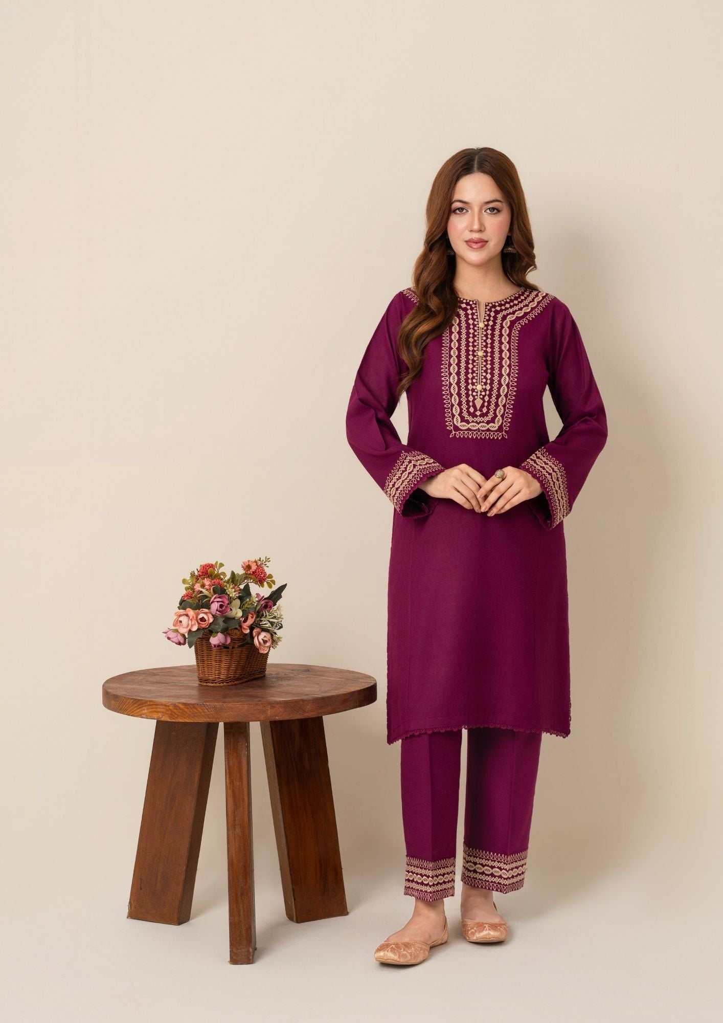 dhanak wool Kurta Set in Magenta haze