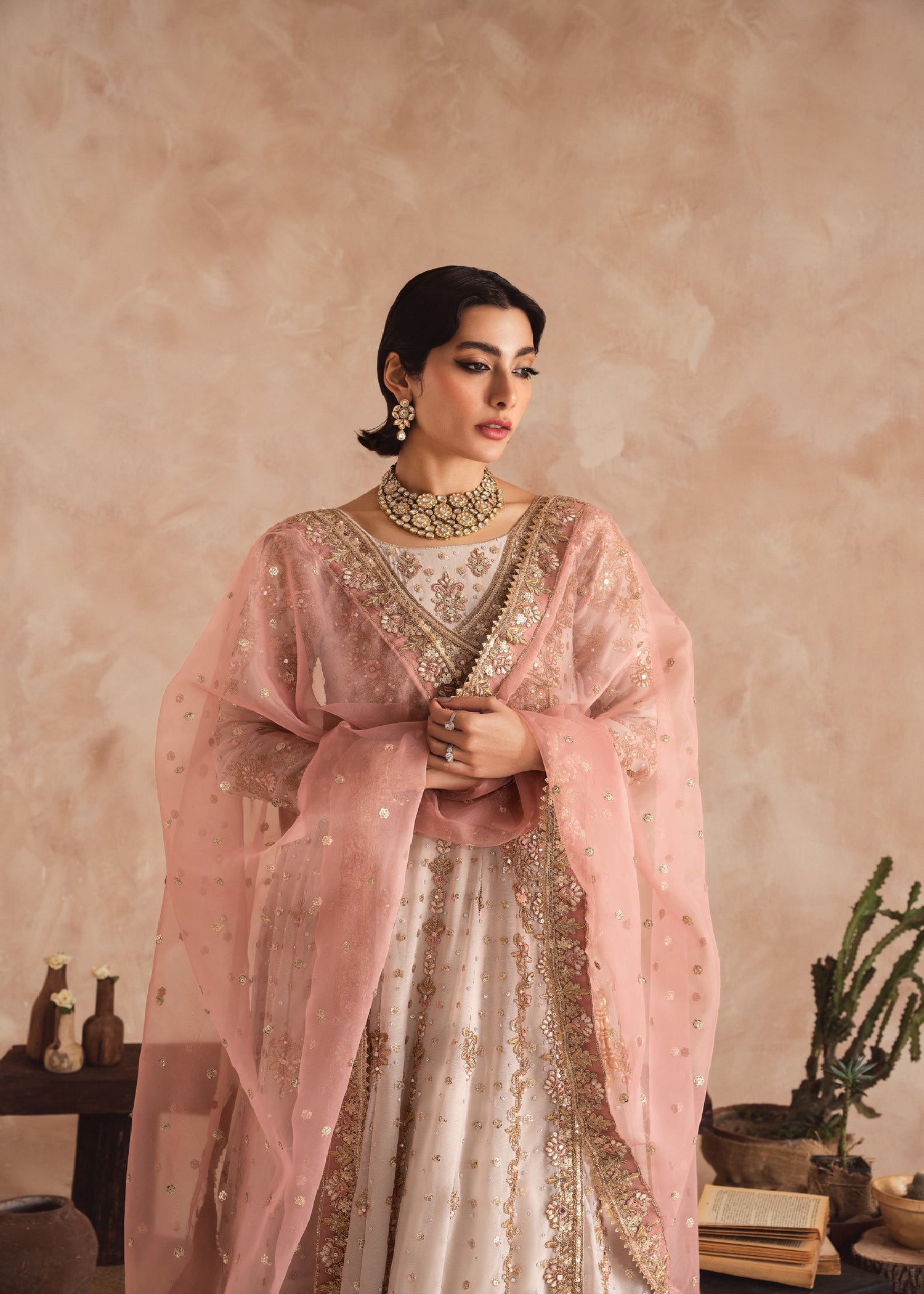chiffon Angrakha in Ivory