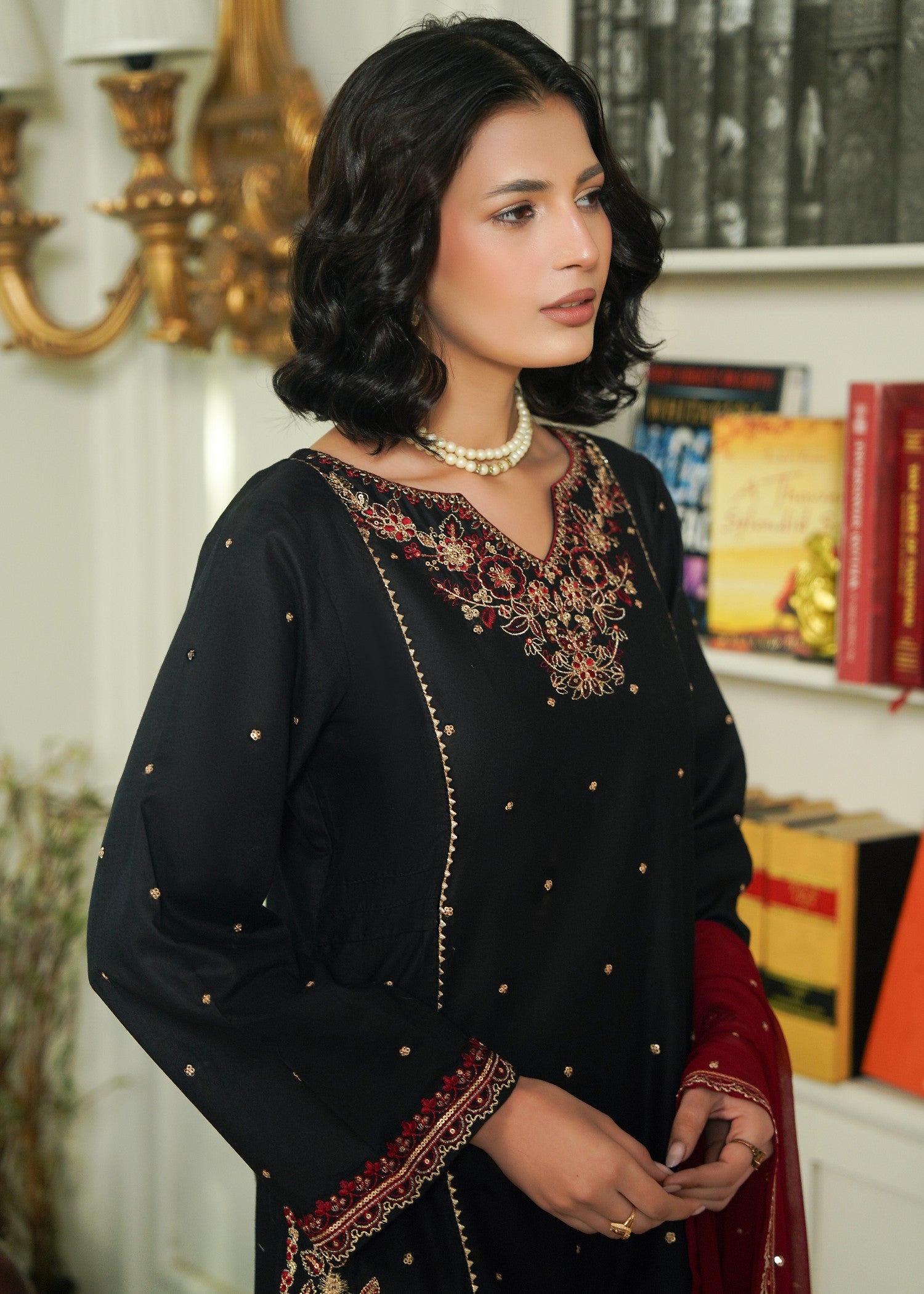 cotton Kurta Set in Black, maroon