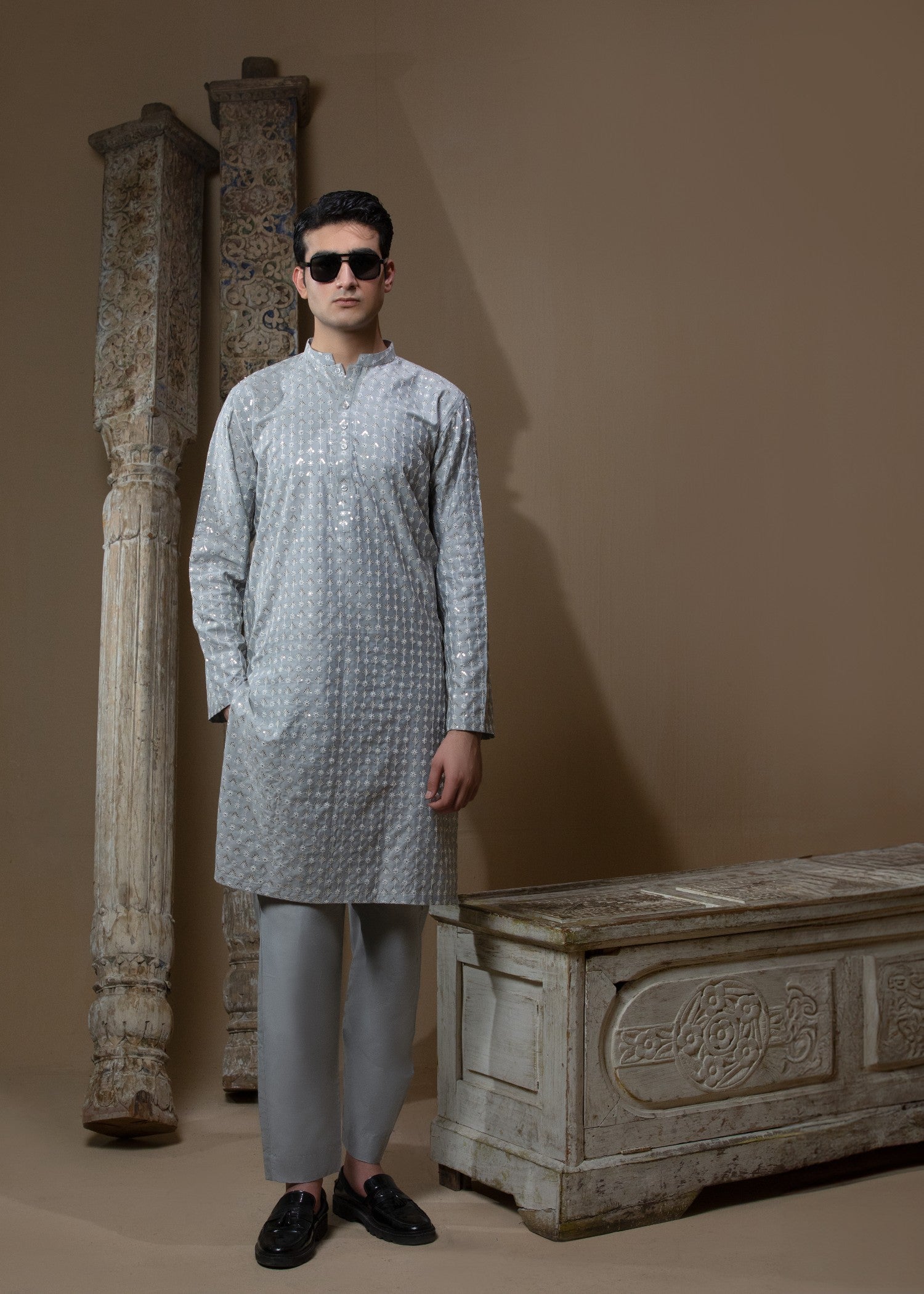 cotton silk Kurta Set in Ash grey