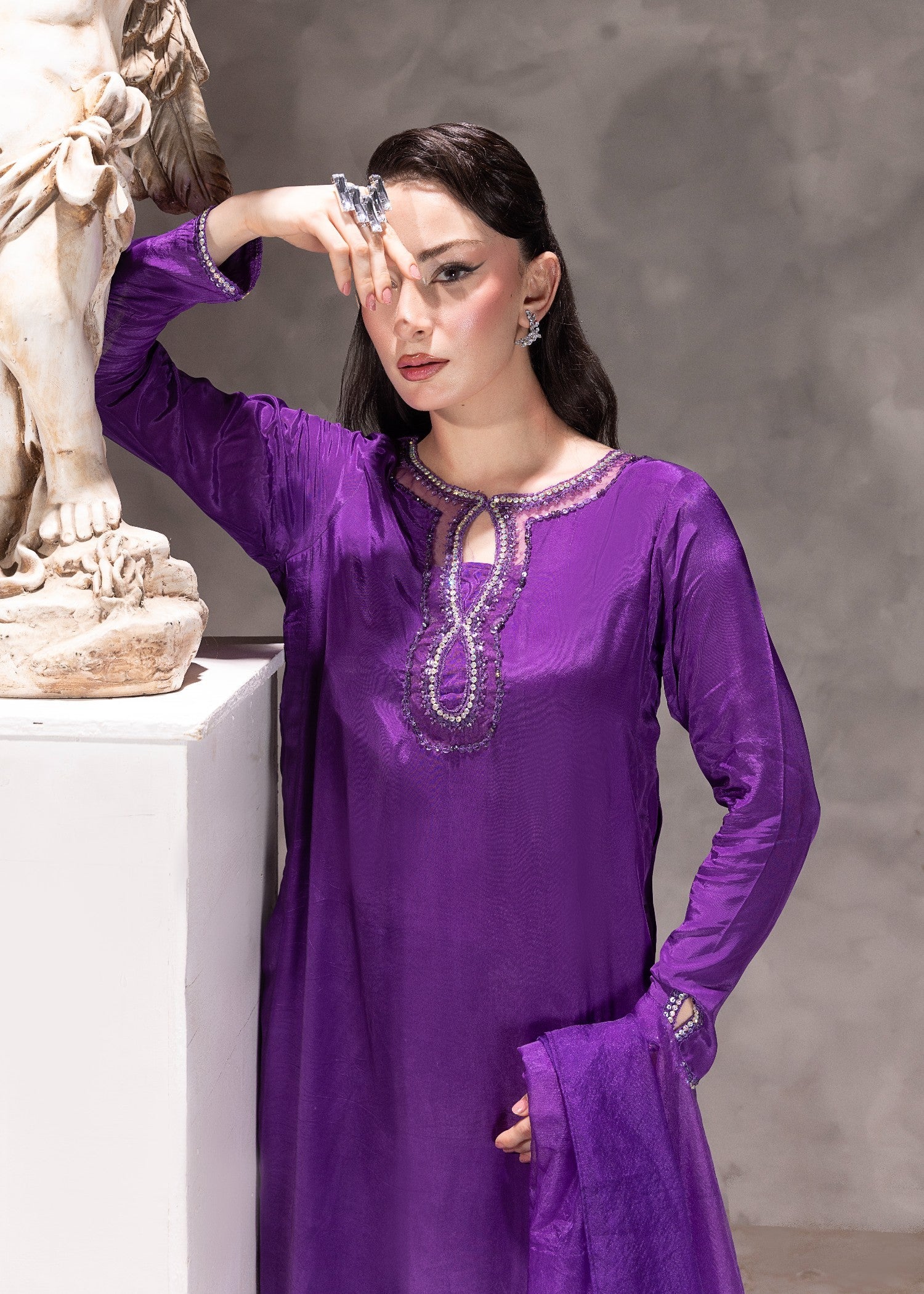 silk Kurta Set in Deep purple
