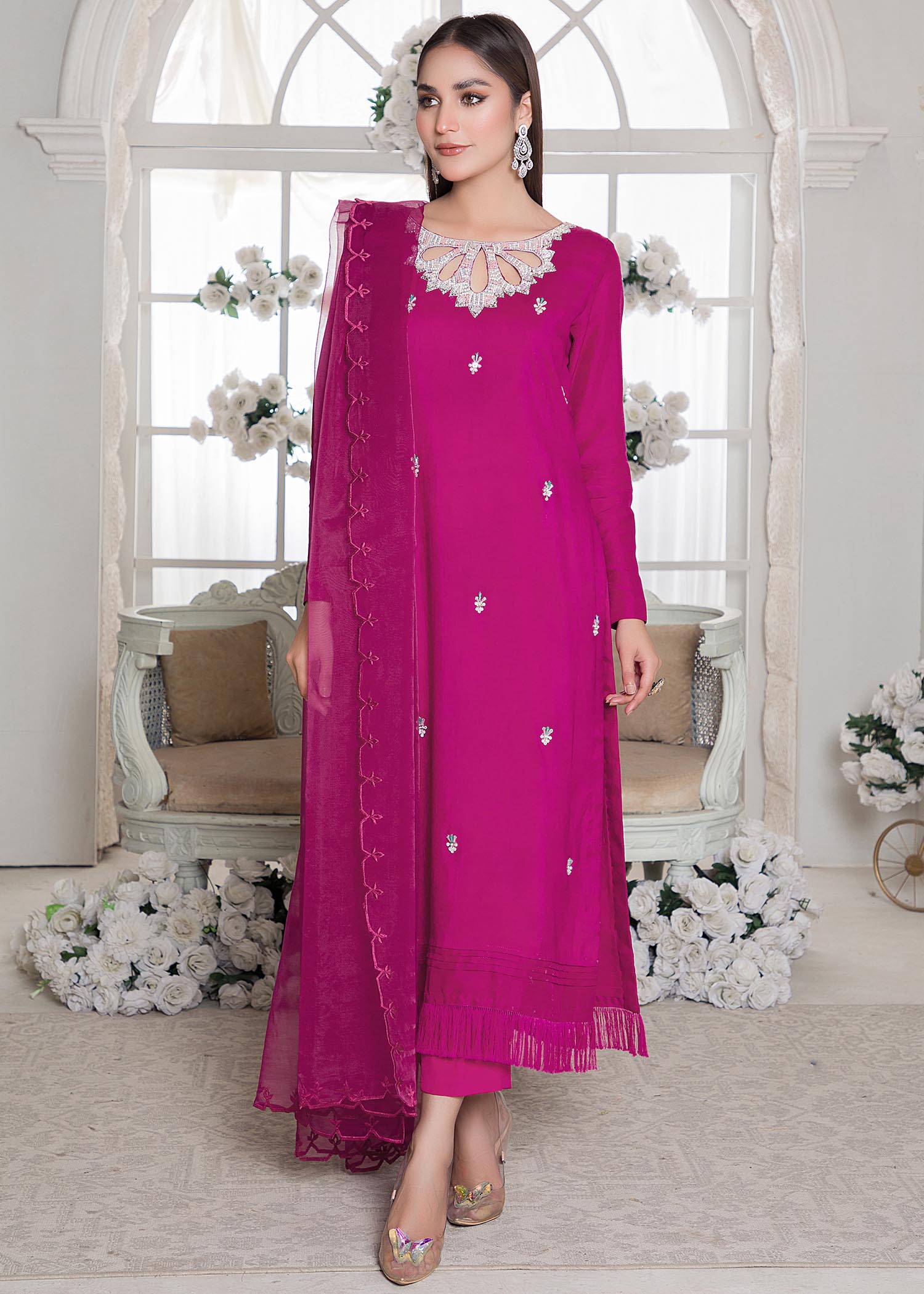 raw silk Kurta Set in Magenta
