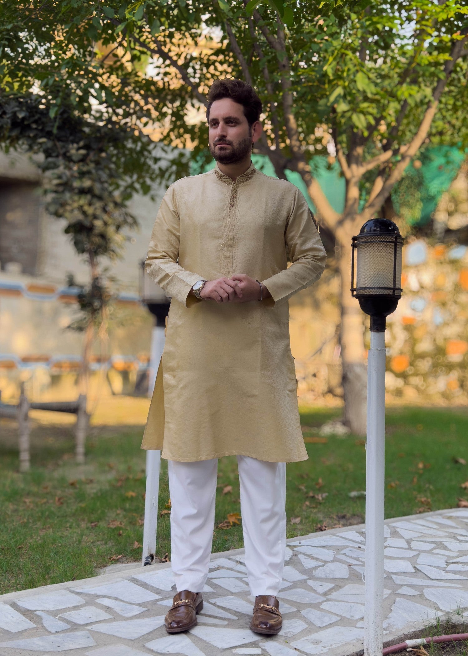 traditional jamawar Kurta in Goldenrod