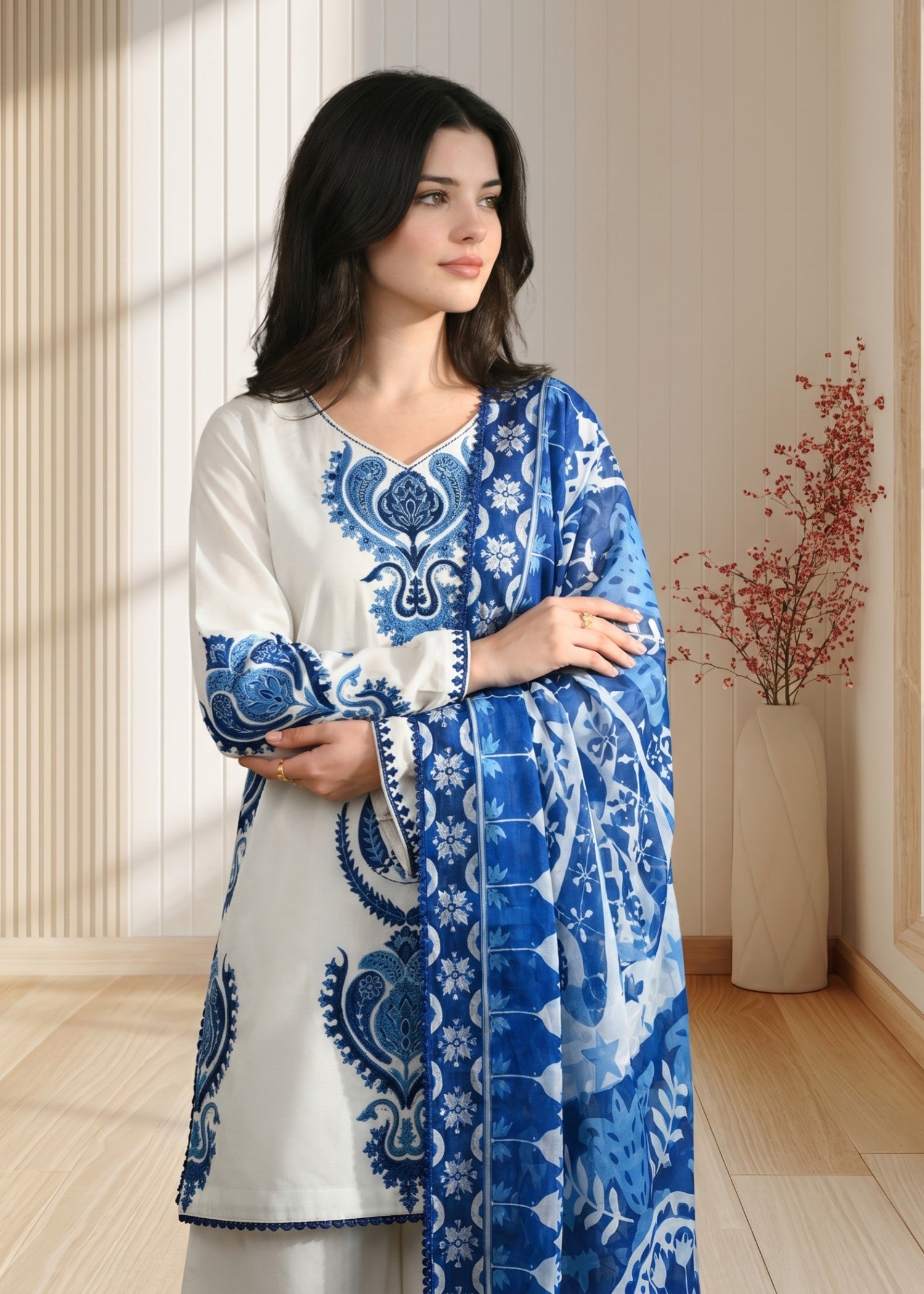 lawn cotton Kurta Set in White