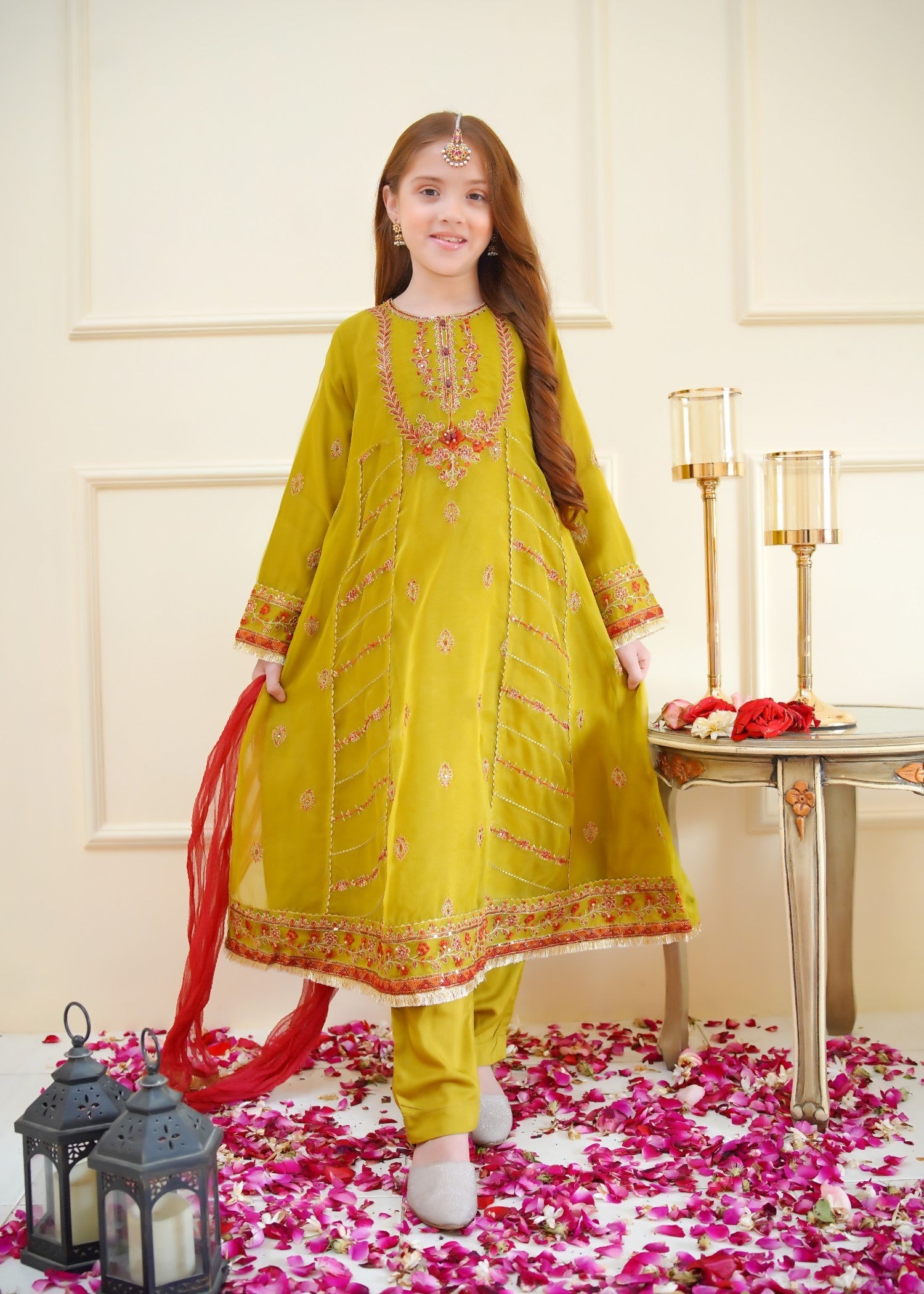 organza Pishwas in Olive green