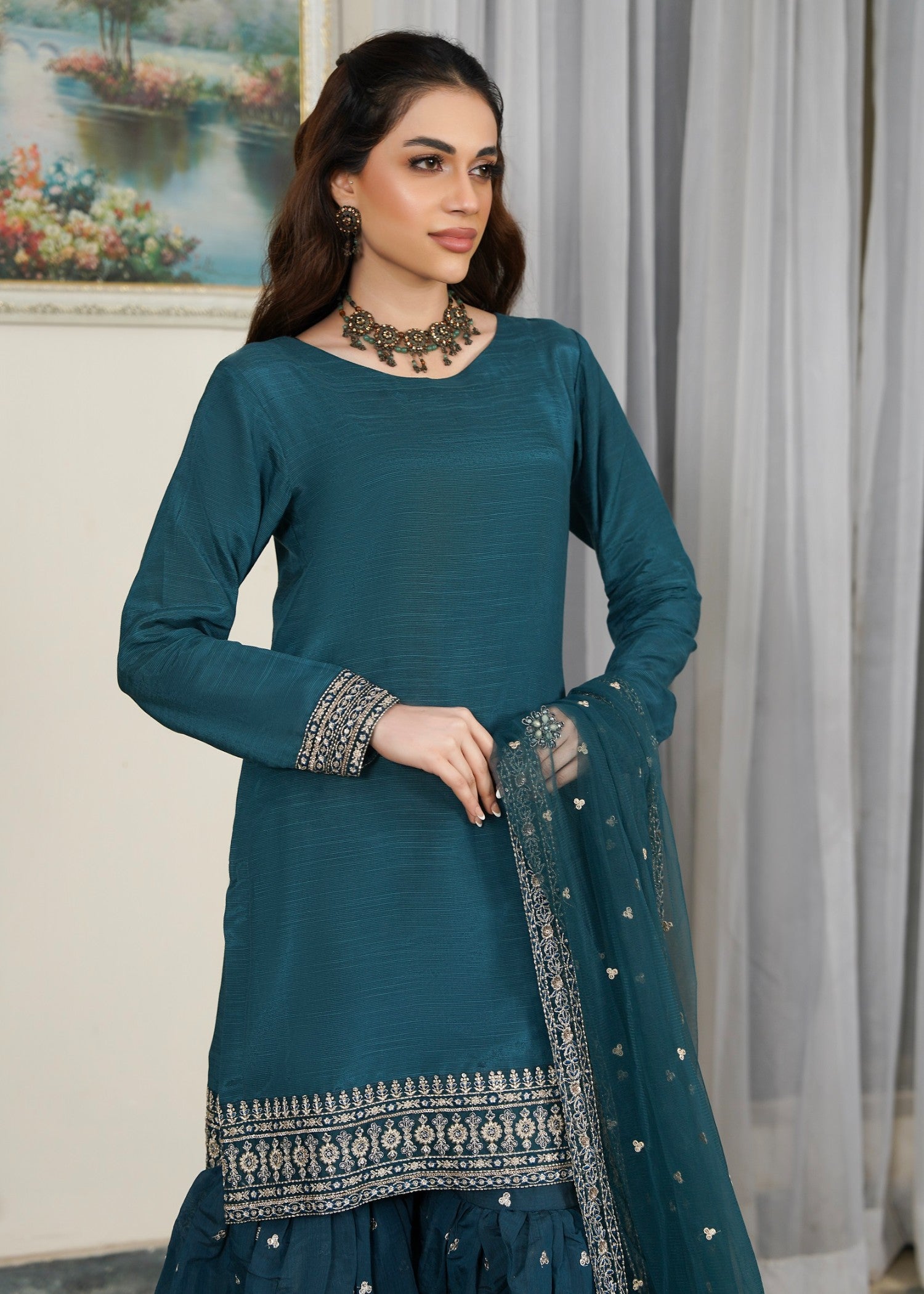 raw silk Gharara in Teal