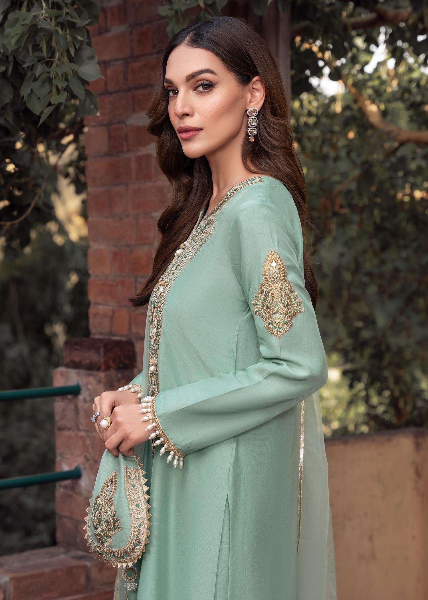 khaddi silk Kurta Set in Mint green