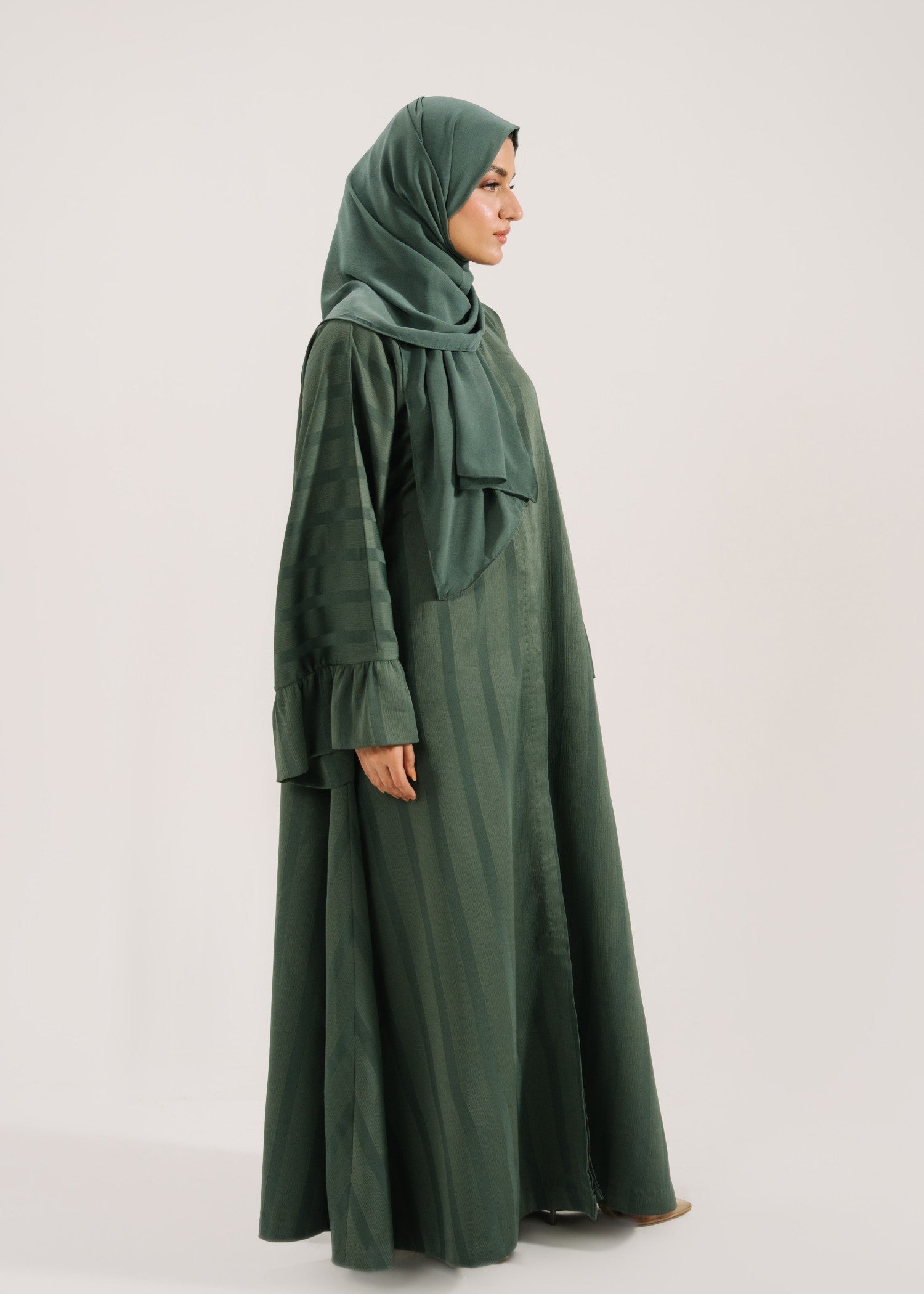 self-textured organza Abaya in Bottle green