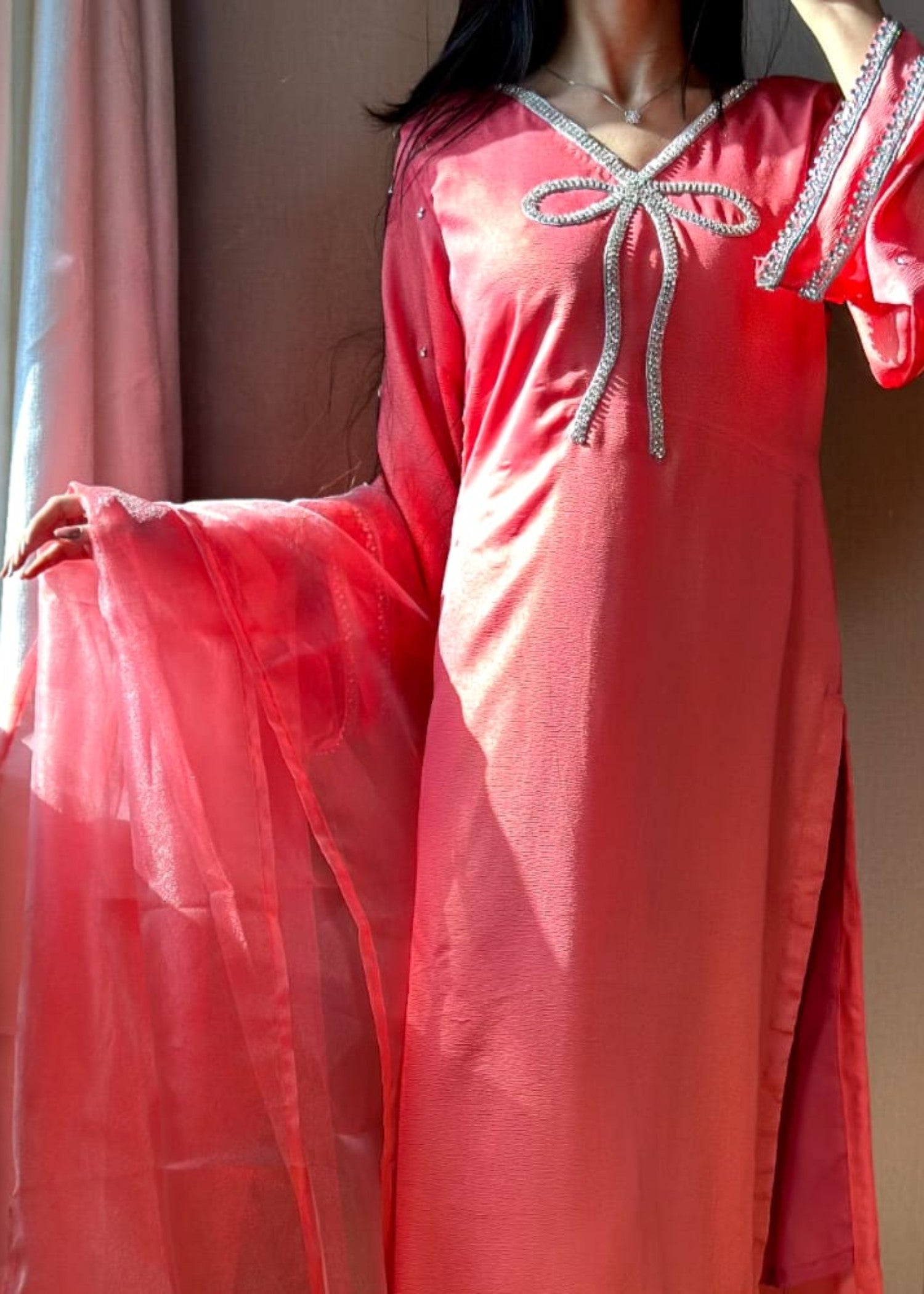 pk crinkle chiffon Kurta Set in Pink