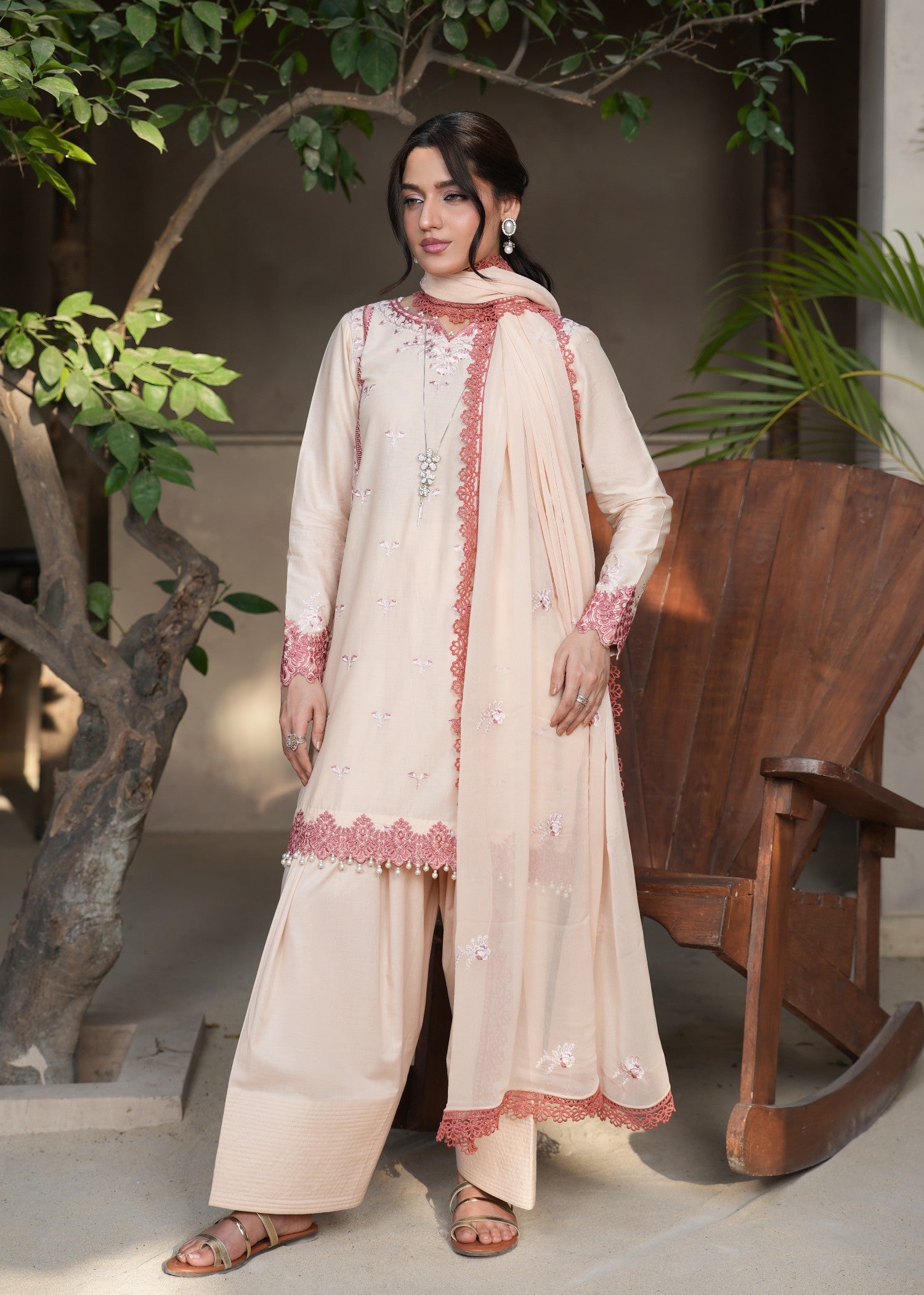 lawn Kurta Set in Apricot orange, peach pink
