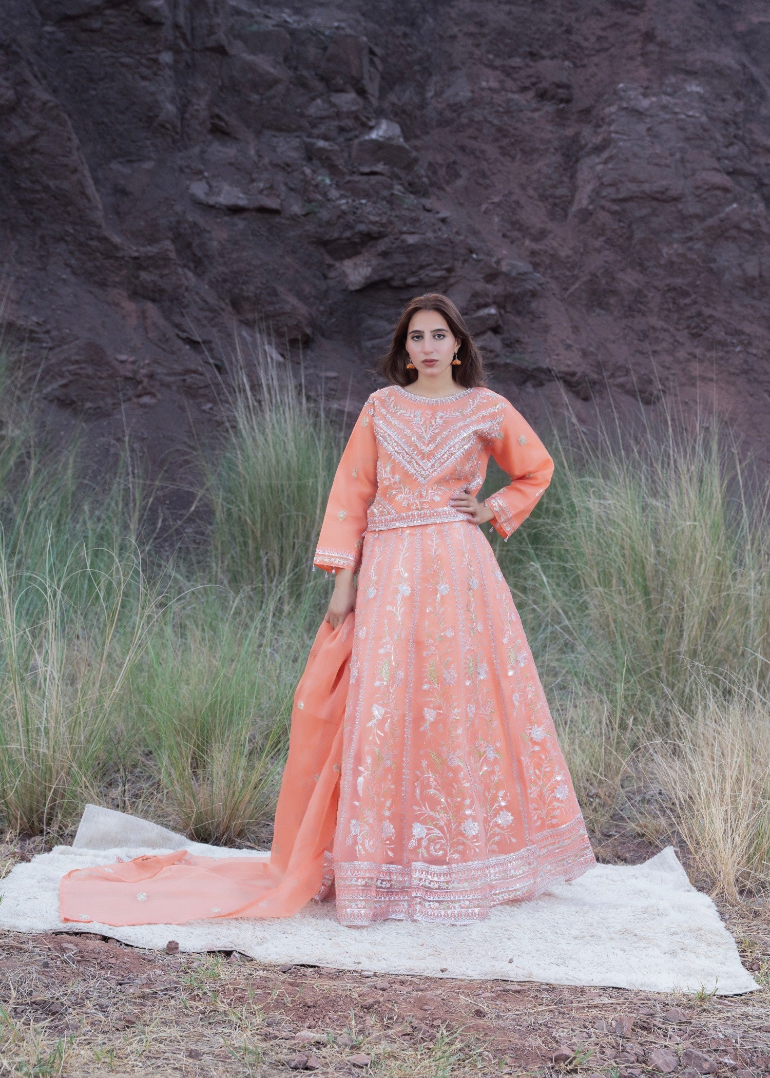 organza Lehenga in Peach orange