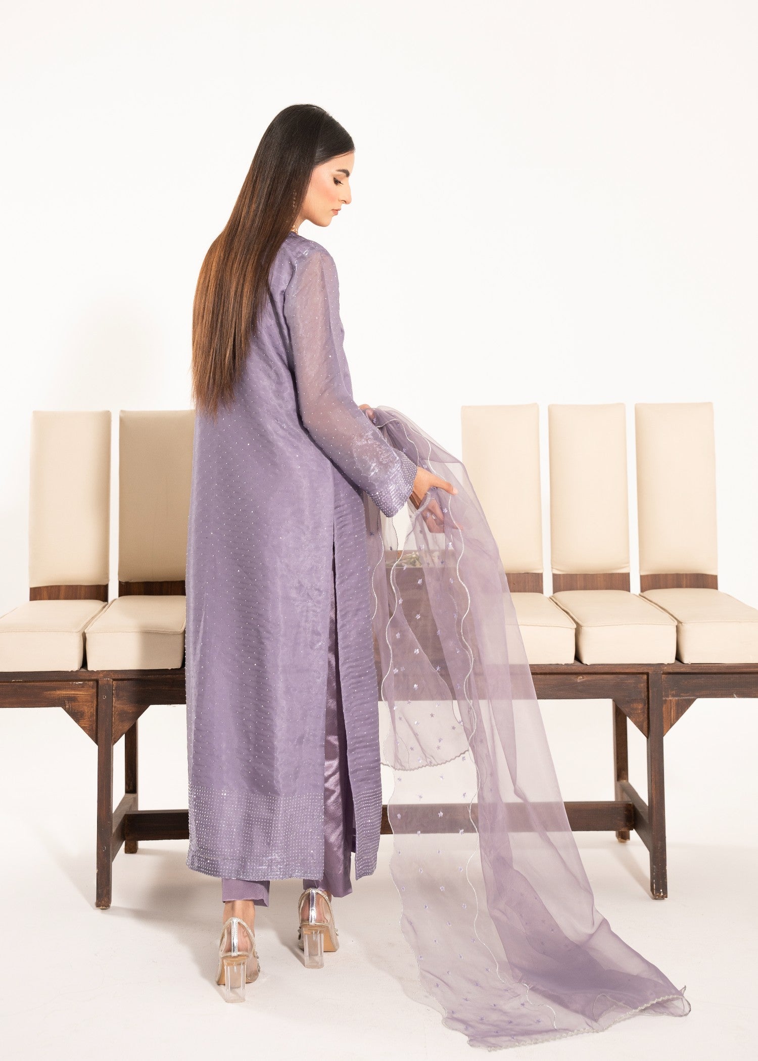 silk tissue Kurta Set in Lavender