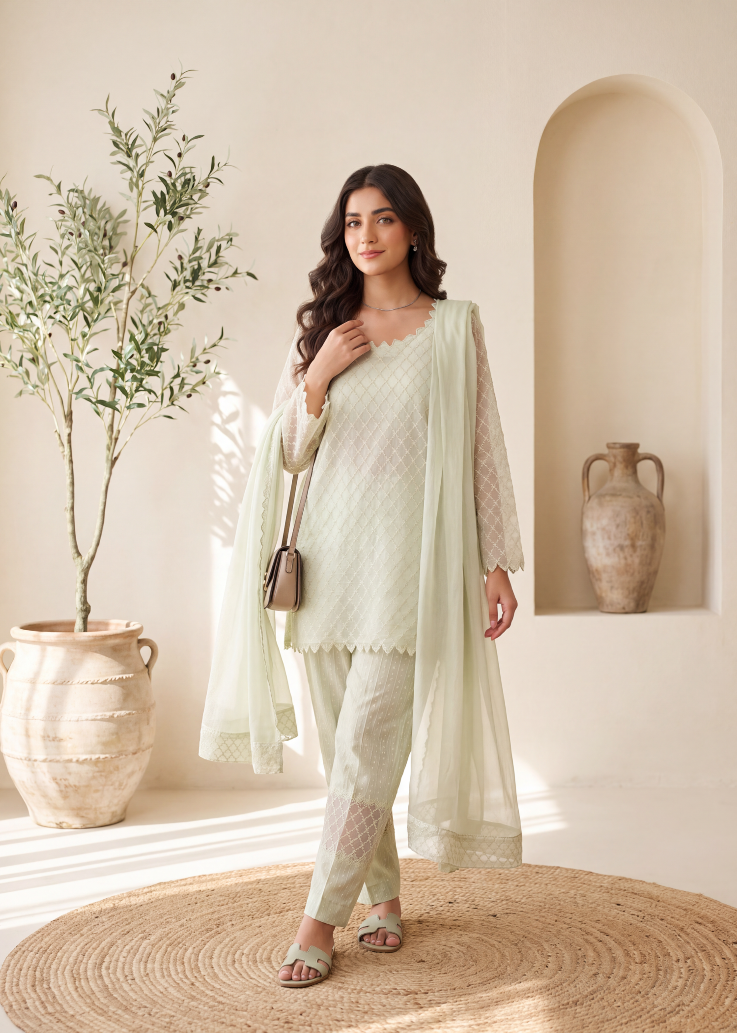 cambric cotton Kurta Set in Tea green