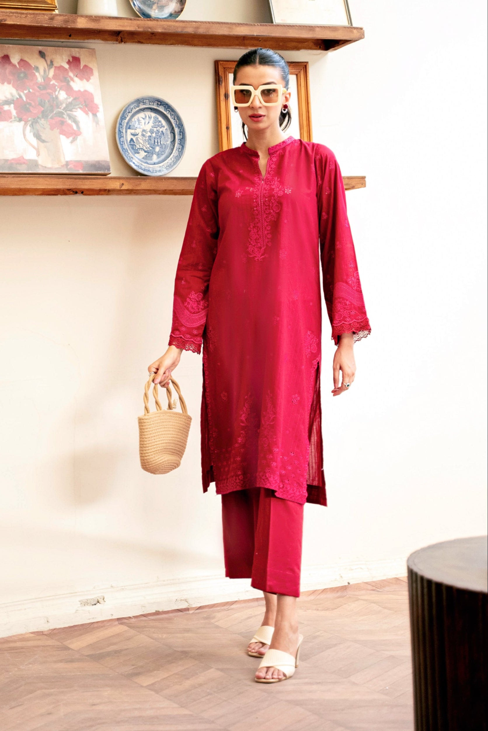 lawn Kurta Set in Red