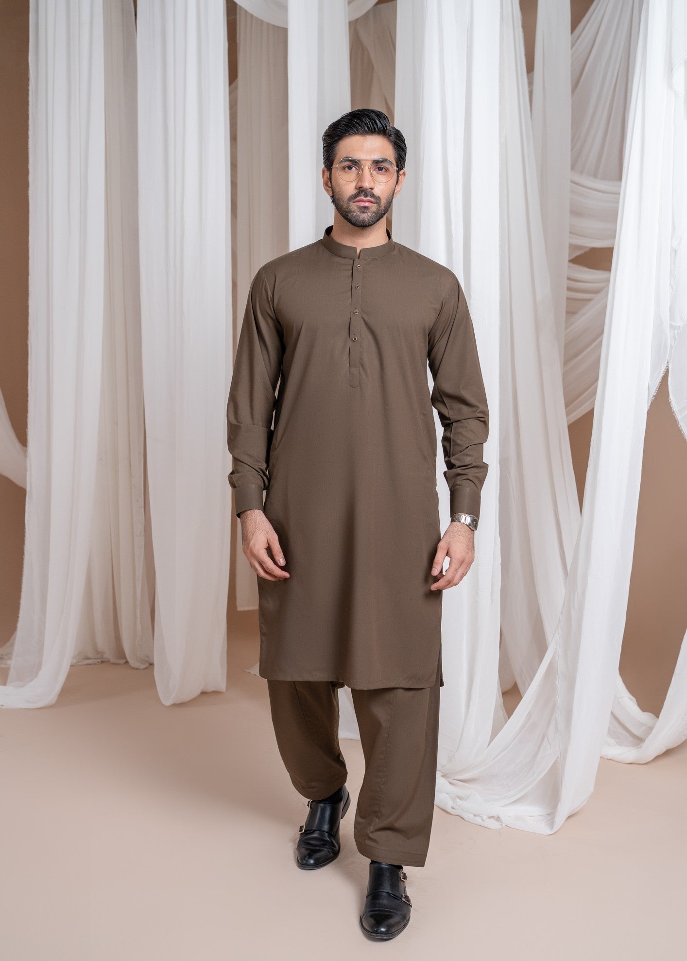 wash & wear Shalwar Kameez in Brown by Muraqsh