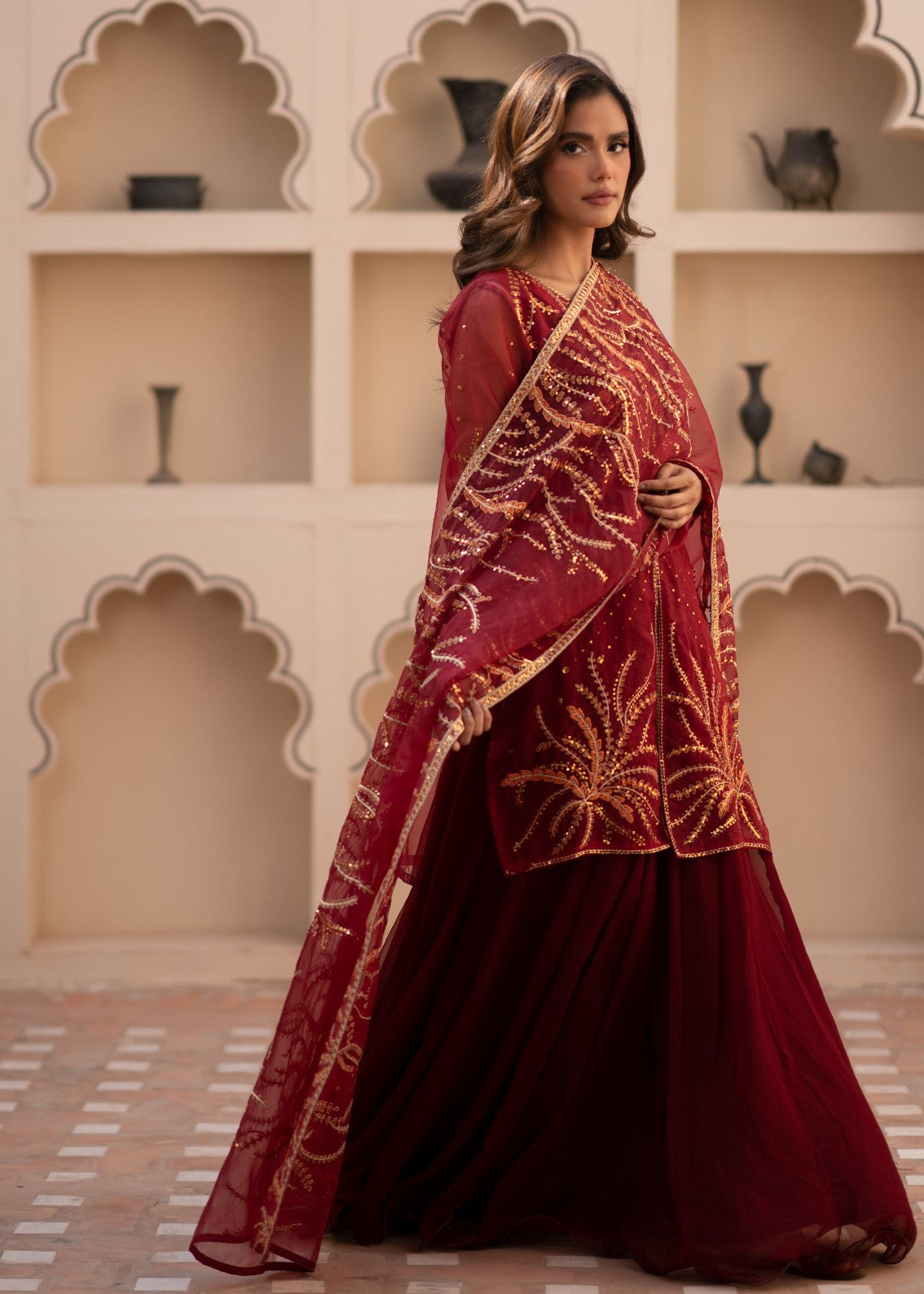 organza Pishwas in Maroon
