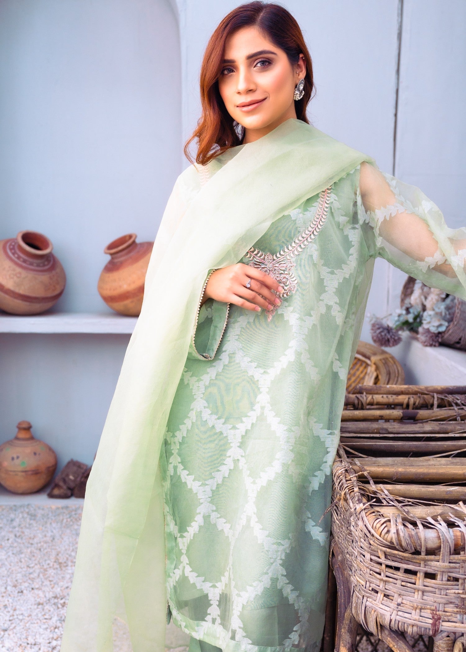 jacquard organza Kurta Set in Tea green