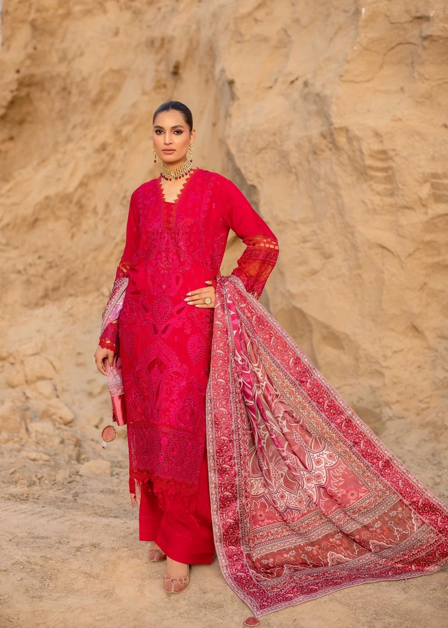 raw silk Kurta Set in Hot pink red
