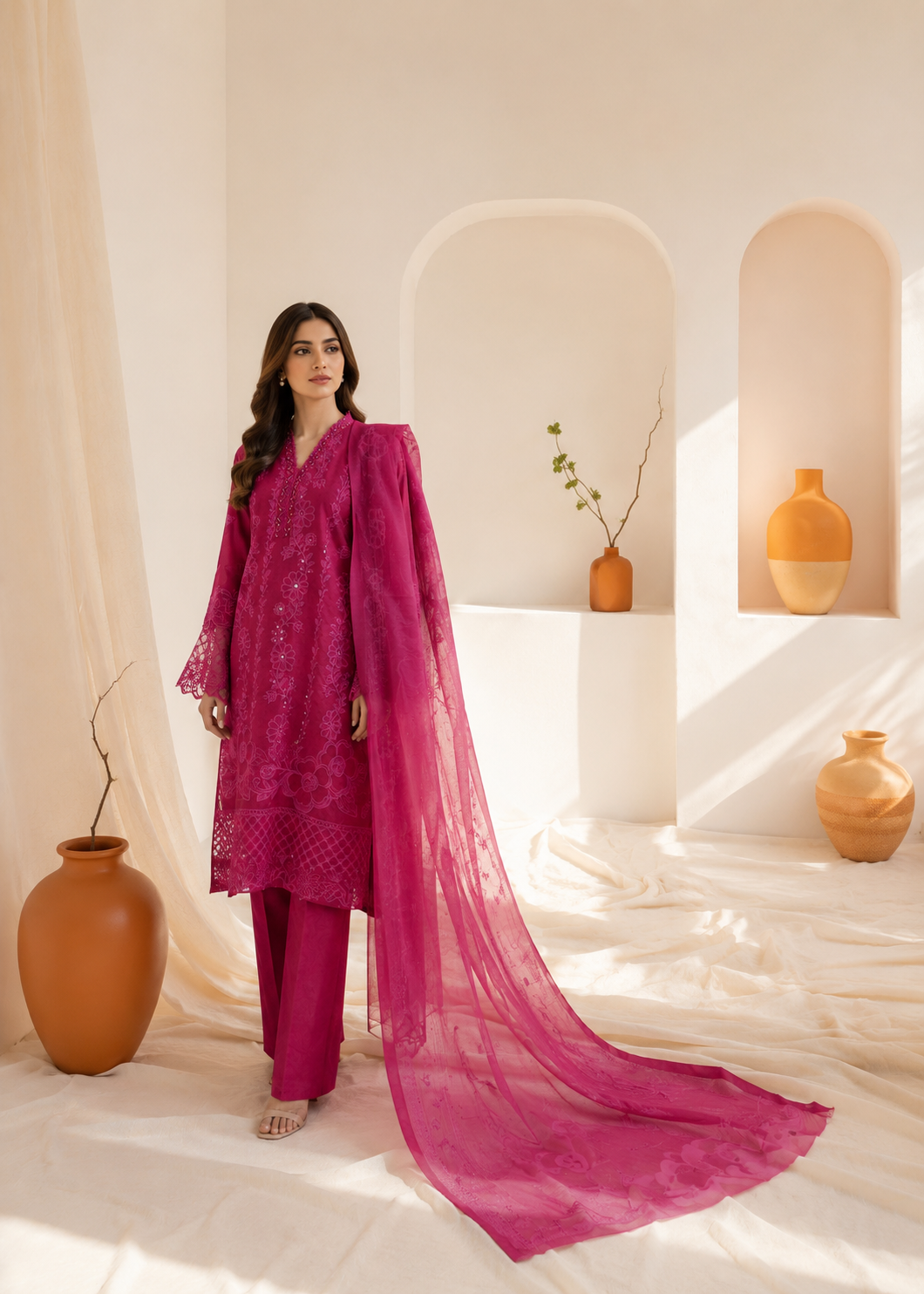 cotton Kurta Set in Shocking pink, bubblegum pink