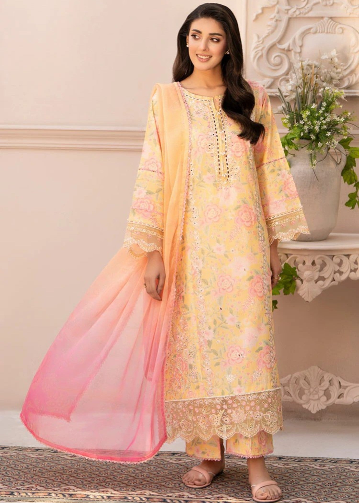 cambric Kurta Set in Light yellow