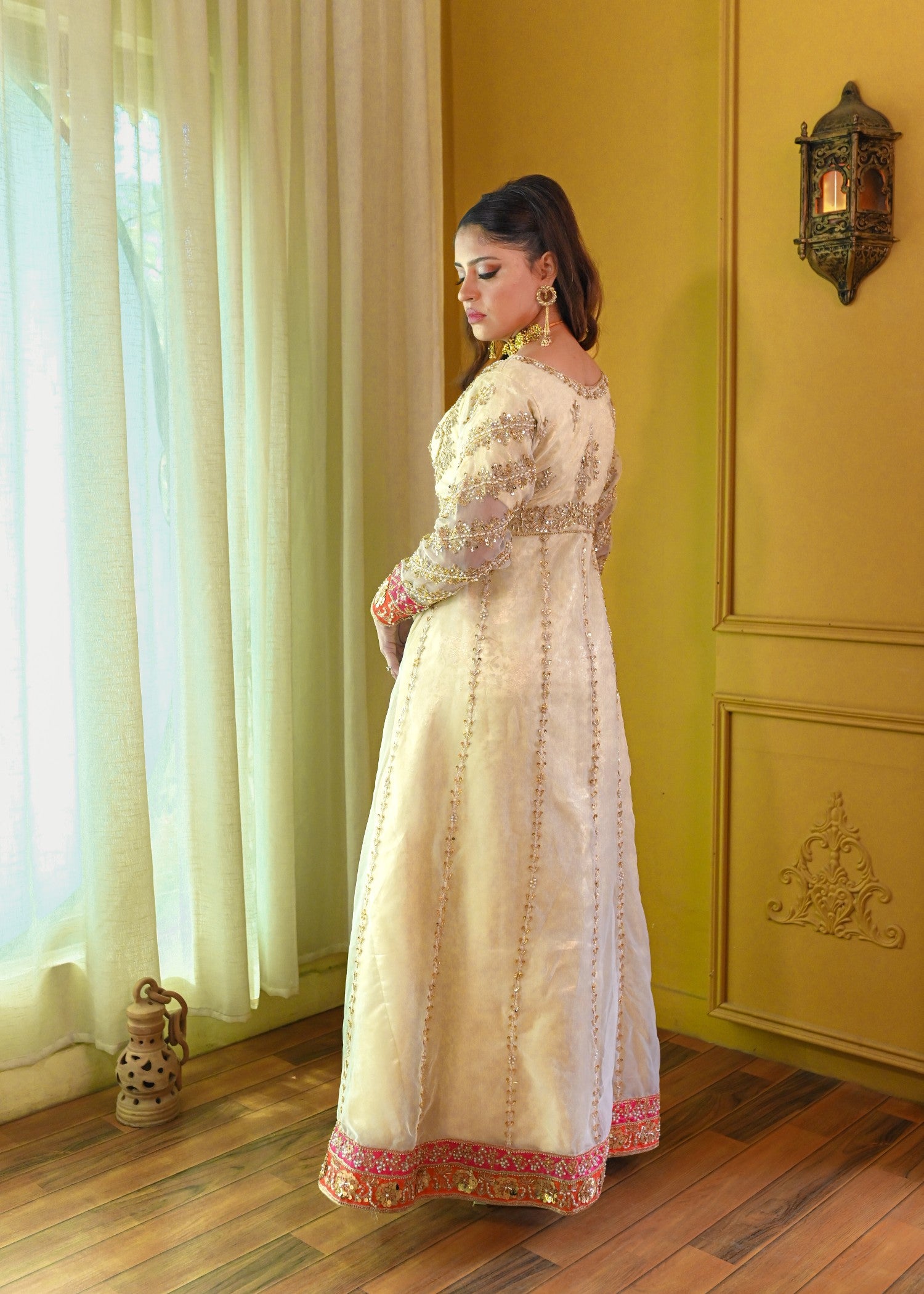 zari embroidered organza Pishwas in Ivory