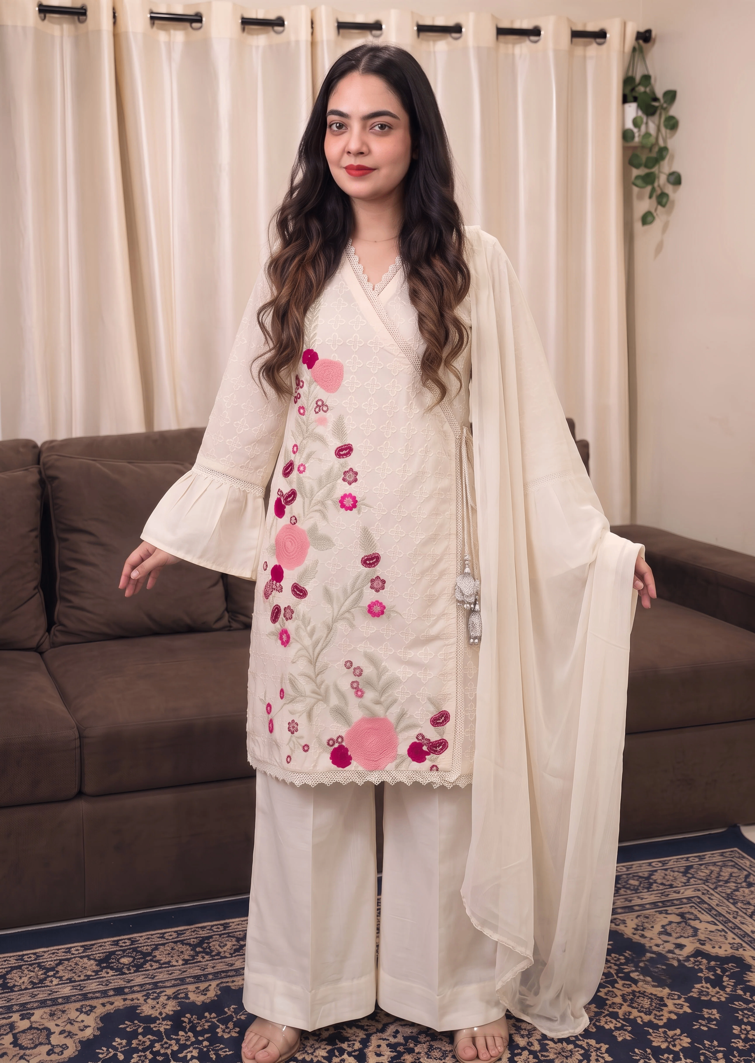 cotton crepe Angrakha in Off-white