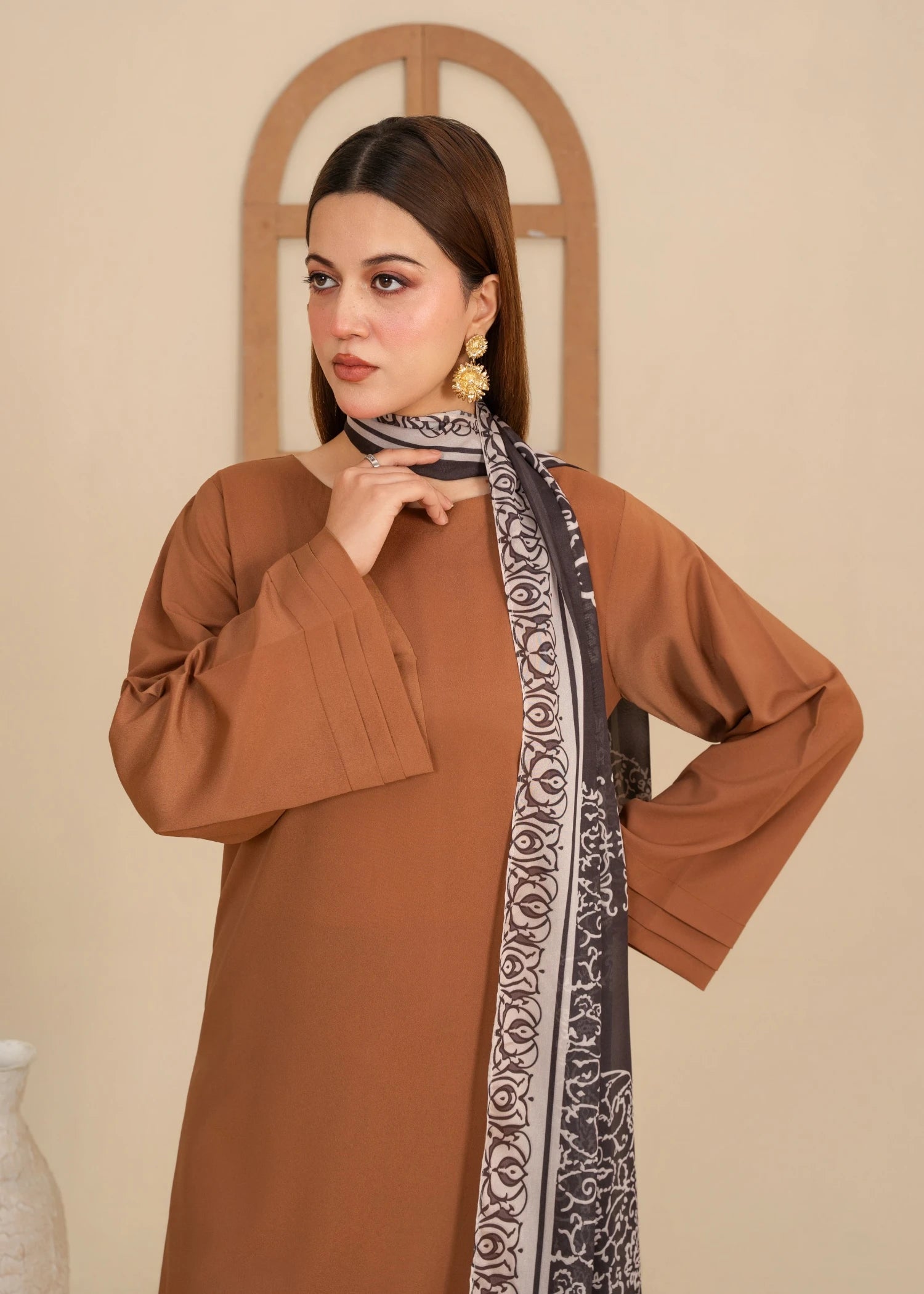 crepe polyester Kurta Set in Hazelwood brown