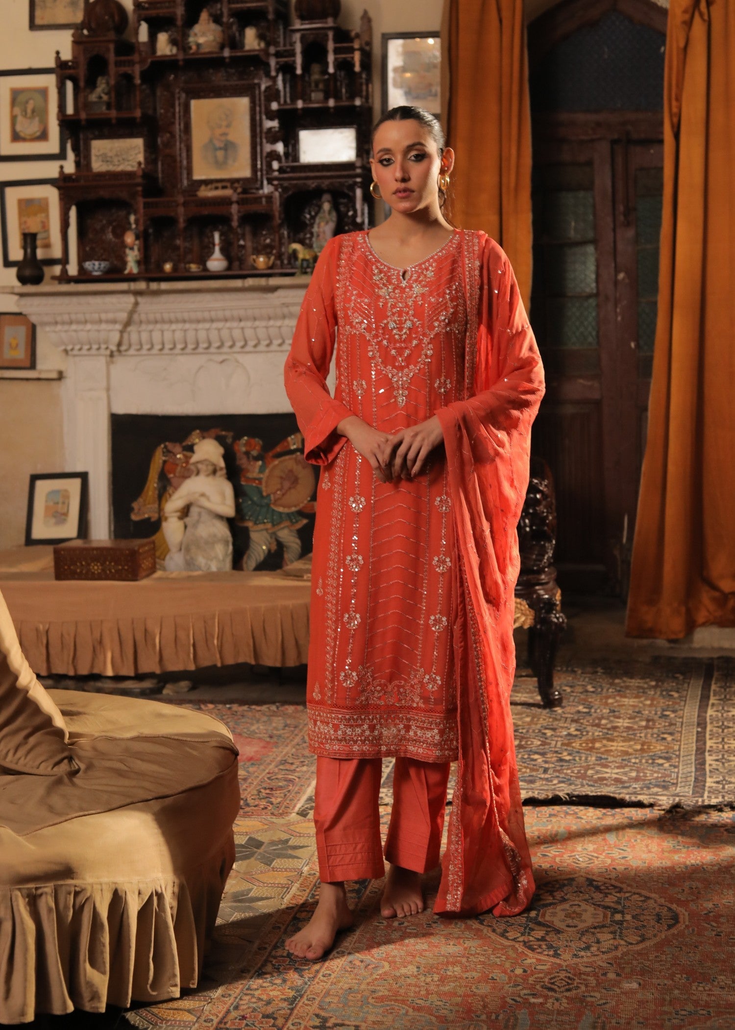raw silk Kurta Set in Coral orange