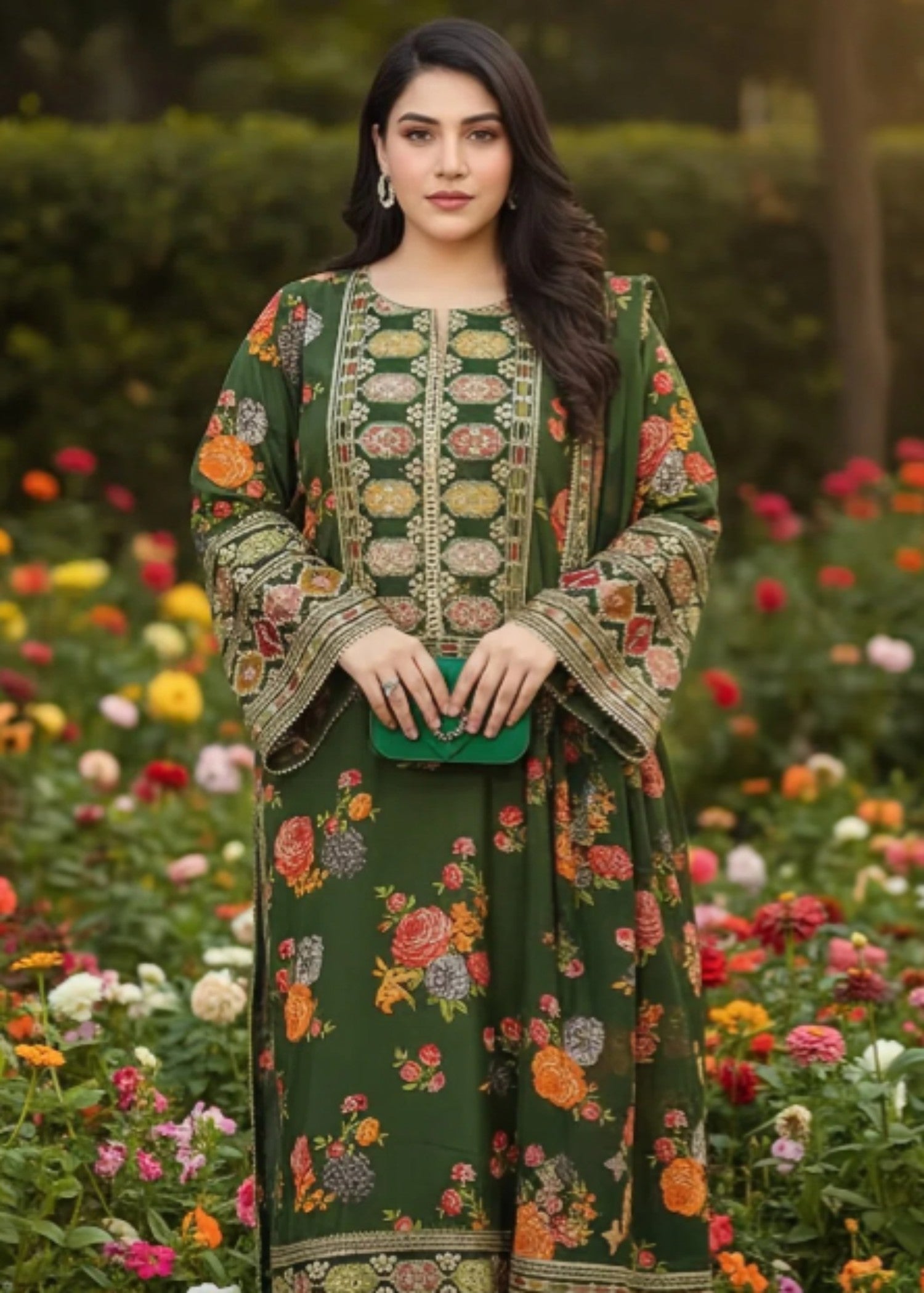 silk charmeuse Kurta Set in Forest green