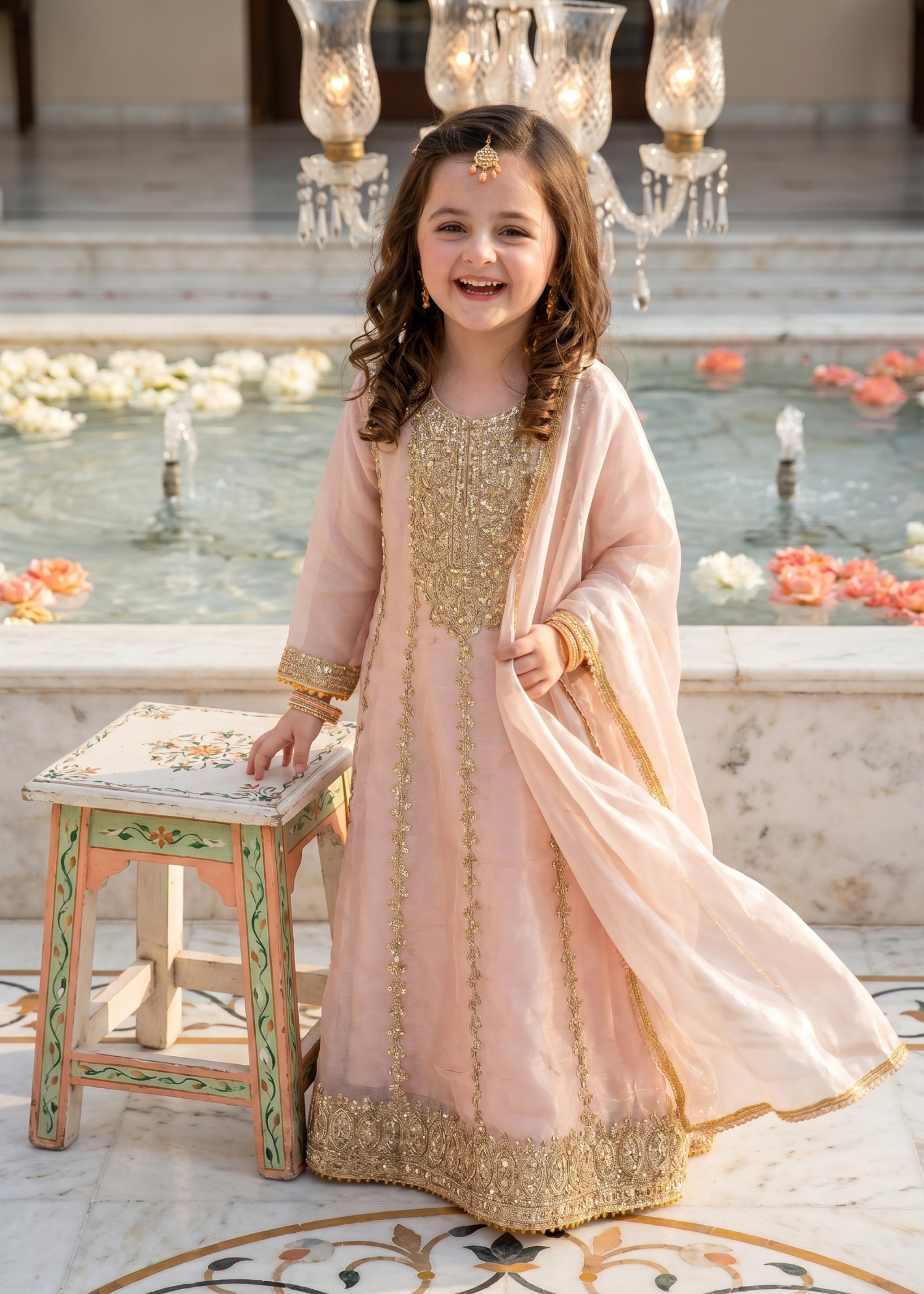 tissue silk Pishwas in Tea rose pink