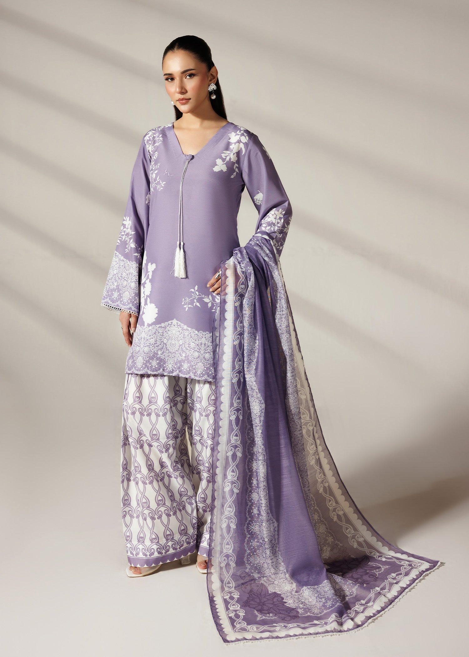 silk finish lawn Kurta Set in Lilac