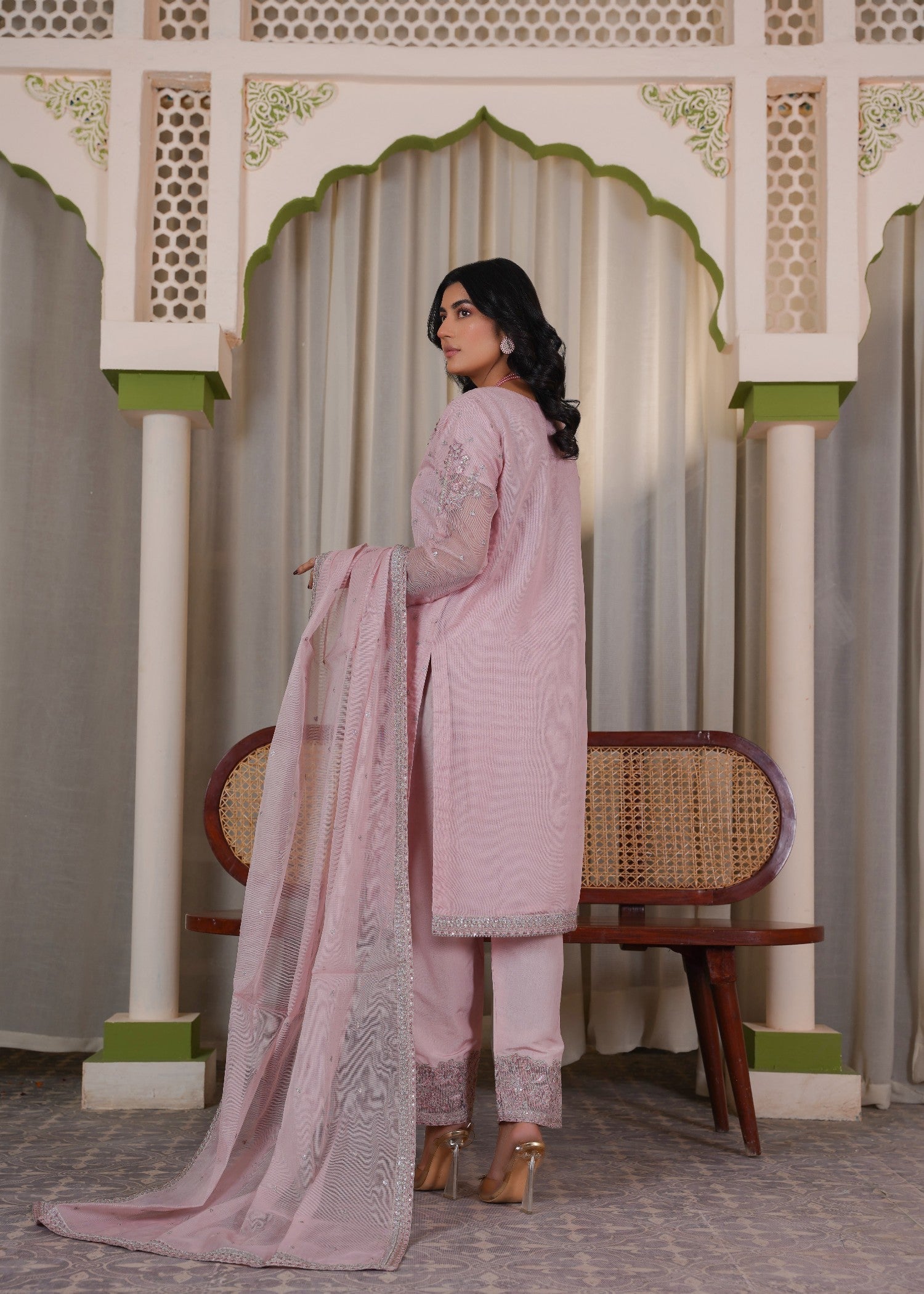 cotton net Kurta Set in Tea rose pink