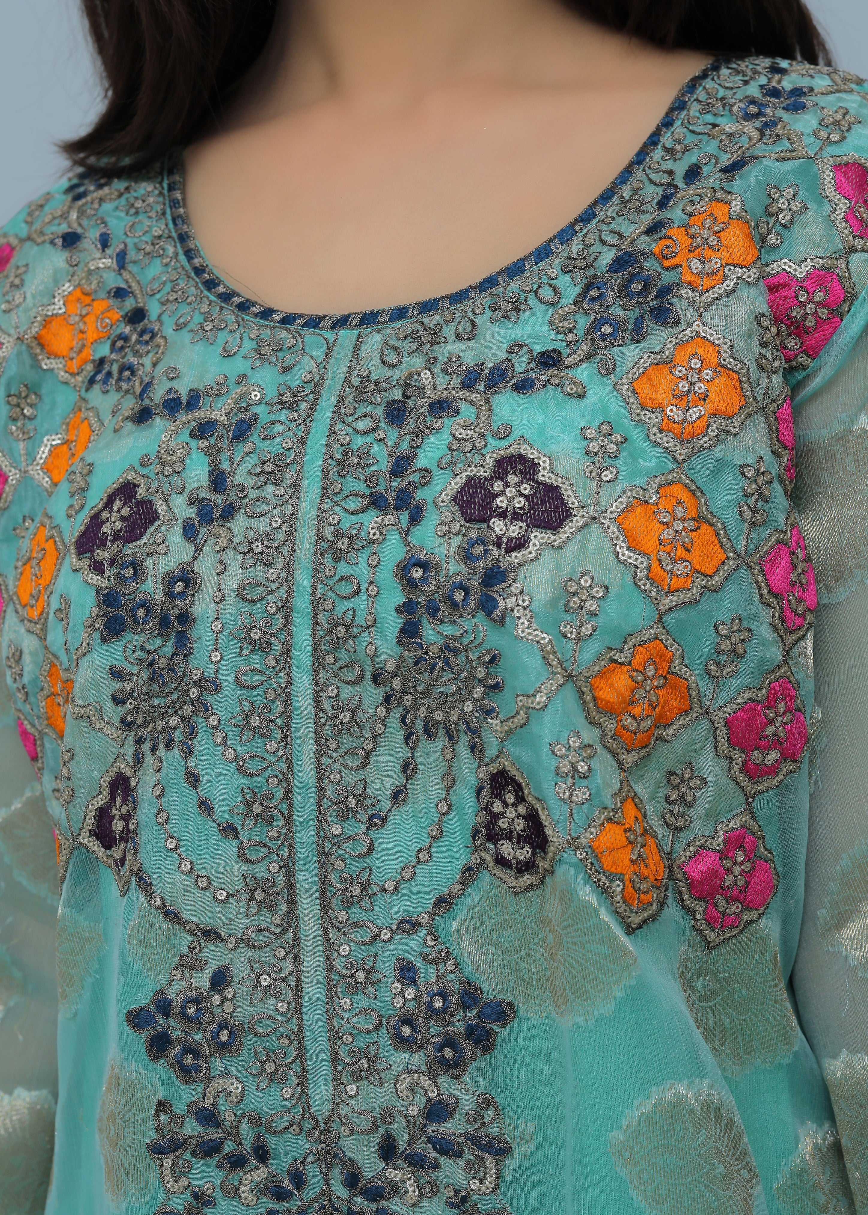zari organza Kurta Set in Turquoise