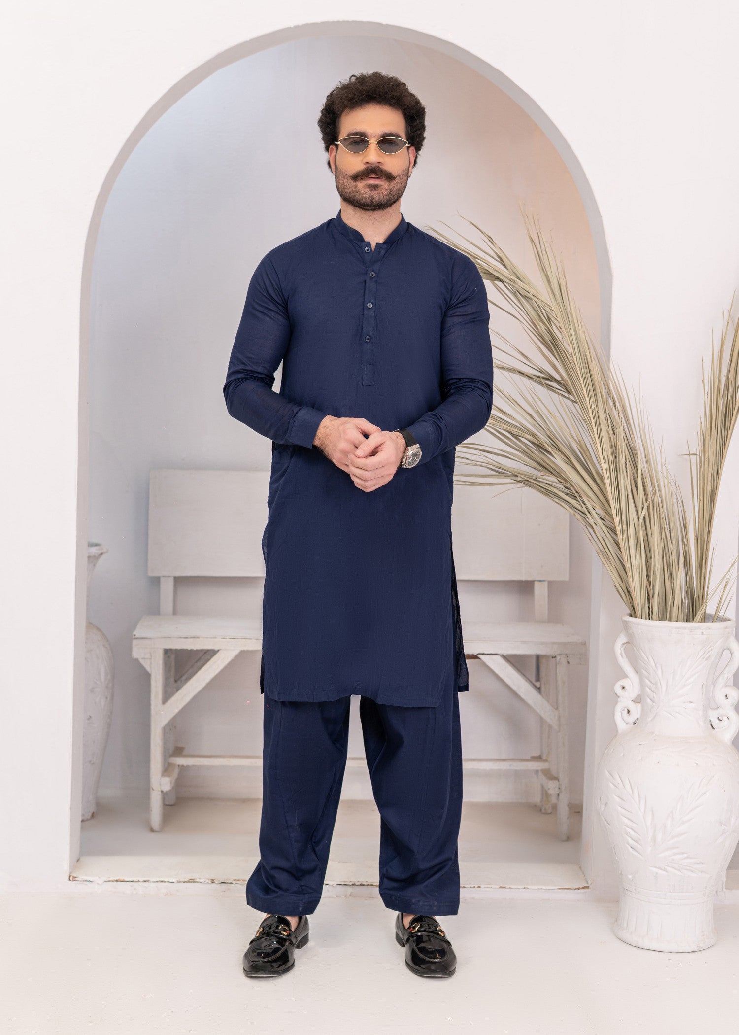 cotton Shalwar Kameez in Navy blue by Hassan Jee Men