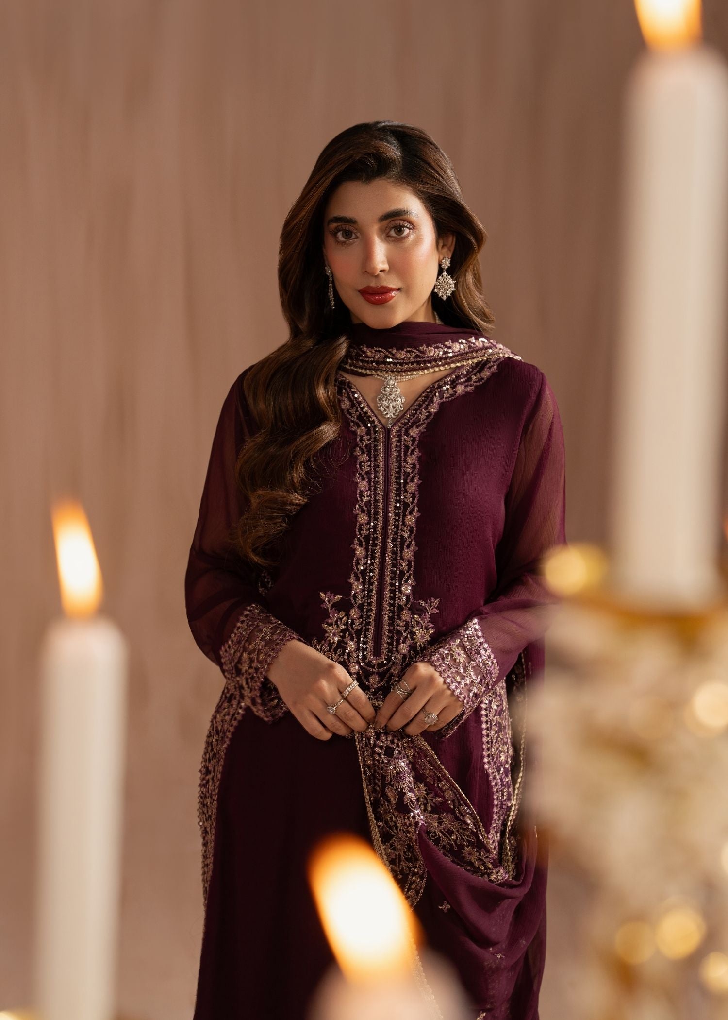 bemberg crinkle chiffon Kurta Set in Royal amethyst