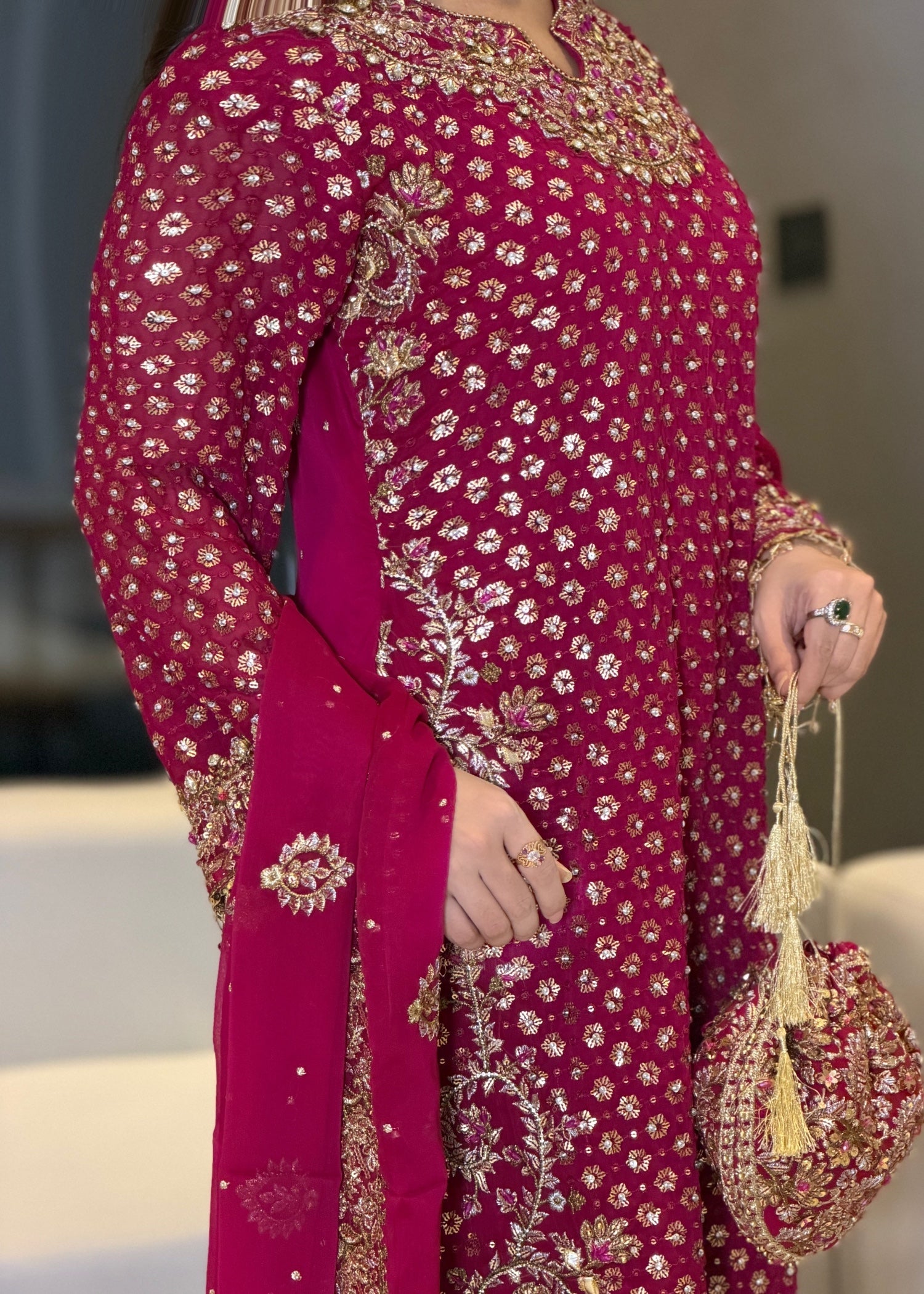 chiffon Kurta Set in Hot pink
